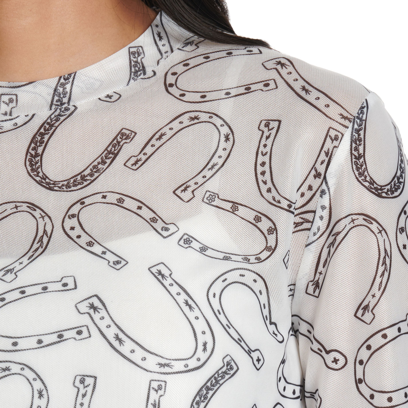 Turquoise Haven Women's White Horseshoe Print Mesh Top - Image 1