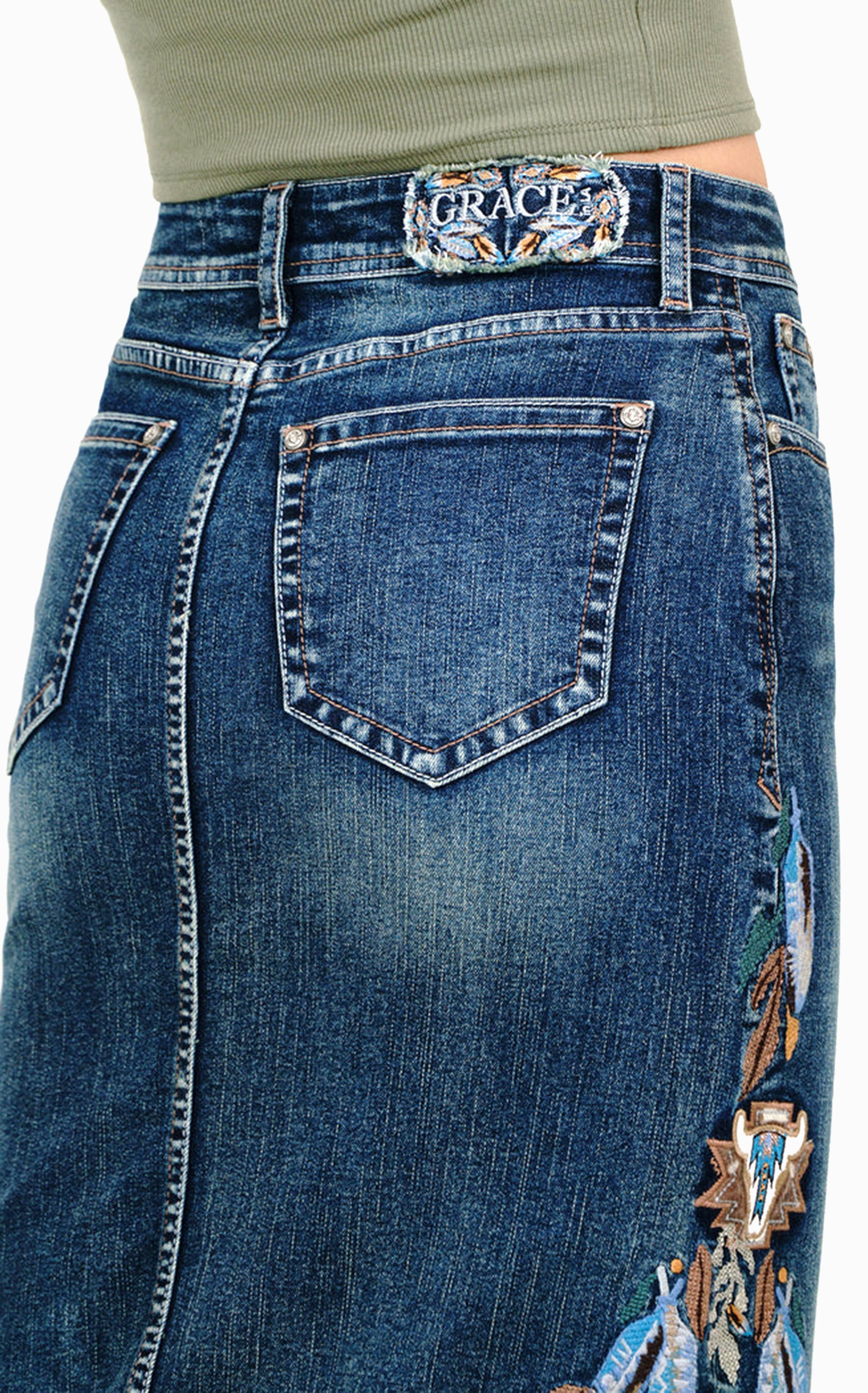 Grace in L.A. Denim Feather Embroidered Skirt - Image 1