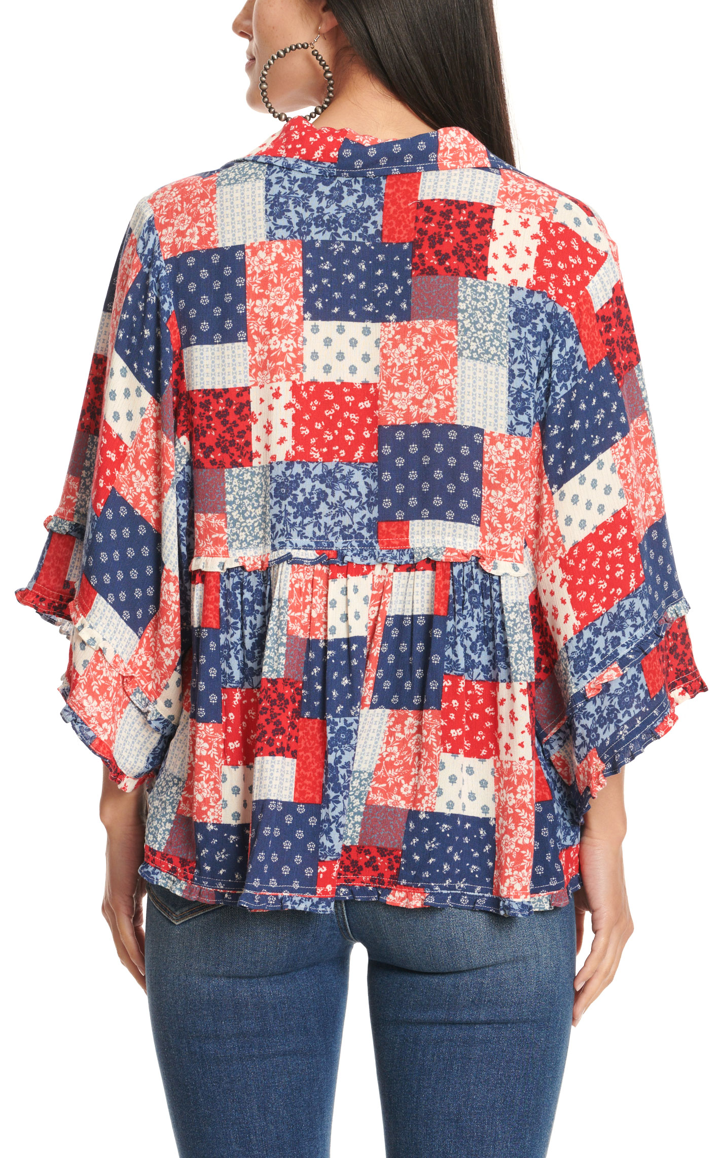 Rockin' C Women's Red, White and Blue Patchwork Top - Image 1