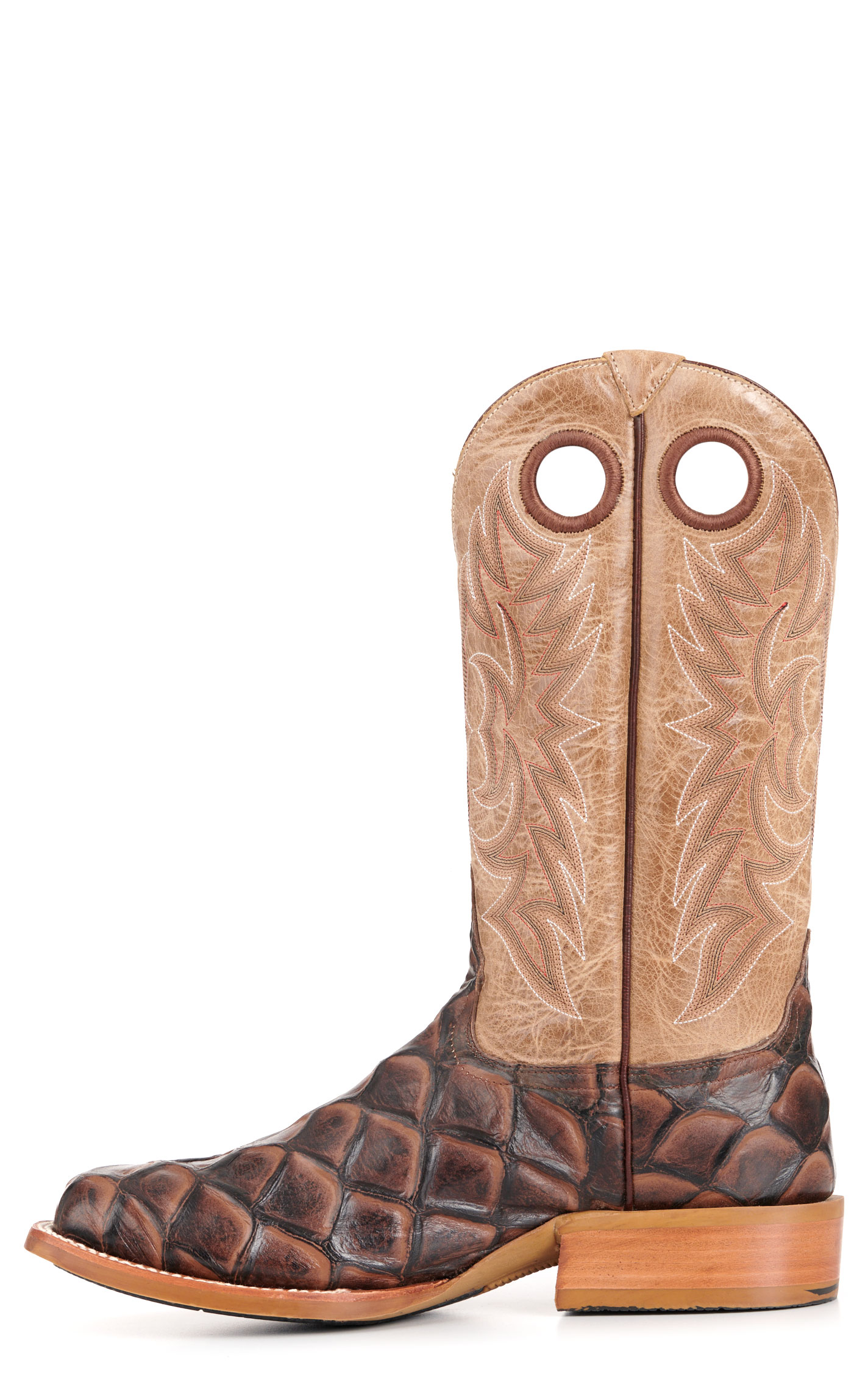 Cavender's Men's Intrepid Bone and Brown Pirarucu Print Wide Square Toe Cowboy Boots - Image 1