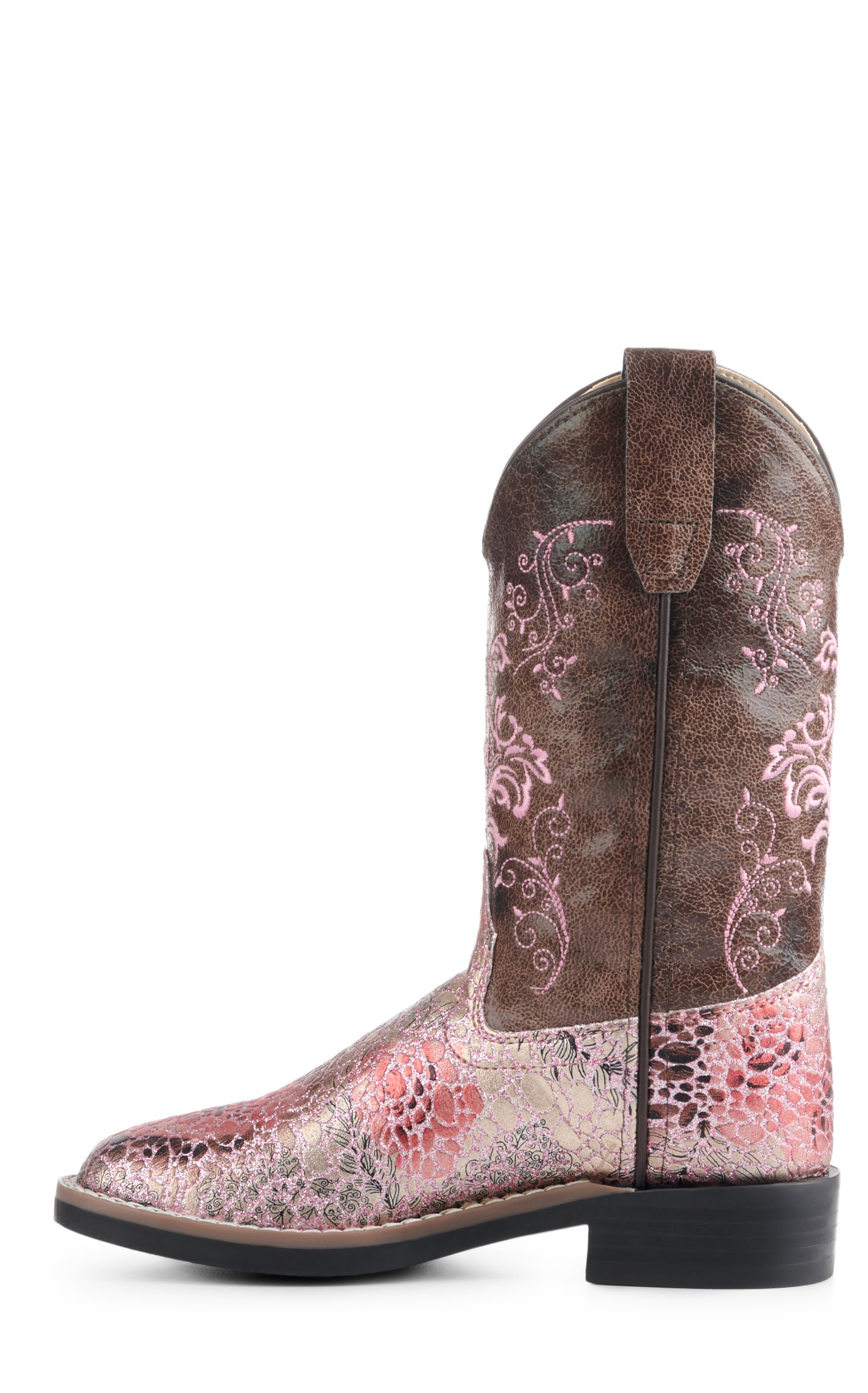 Old West Kids Brown and Crackle Antique Pink Square Toe Cowboy Boots - Image 1