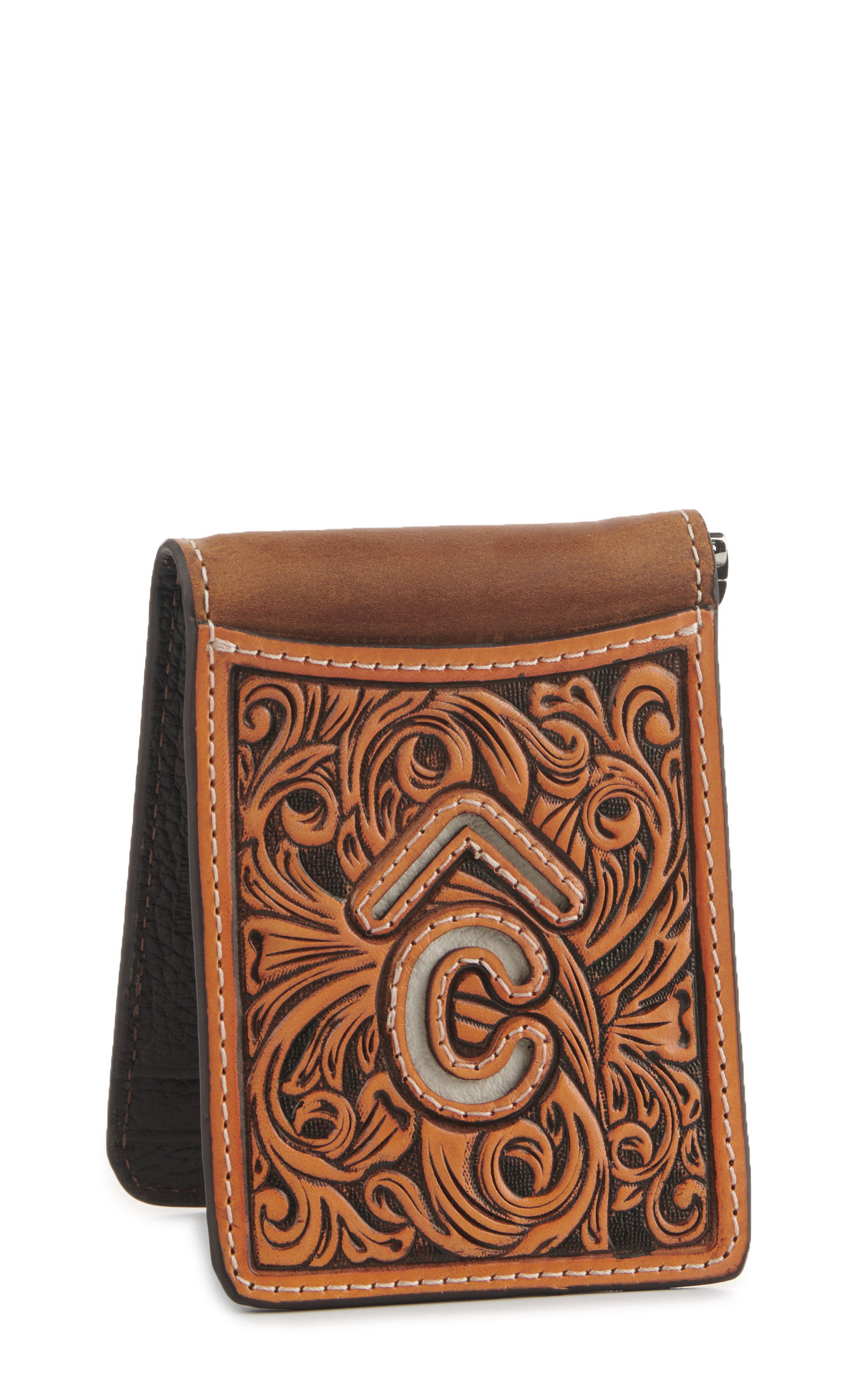 Rafter C Men’s Tan Leather Tooled Cream Underlay Slim Bifold Money Clip Wallet - Image 1
