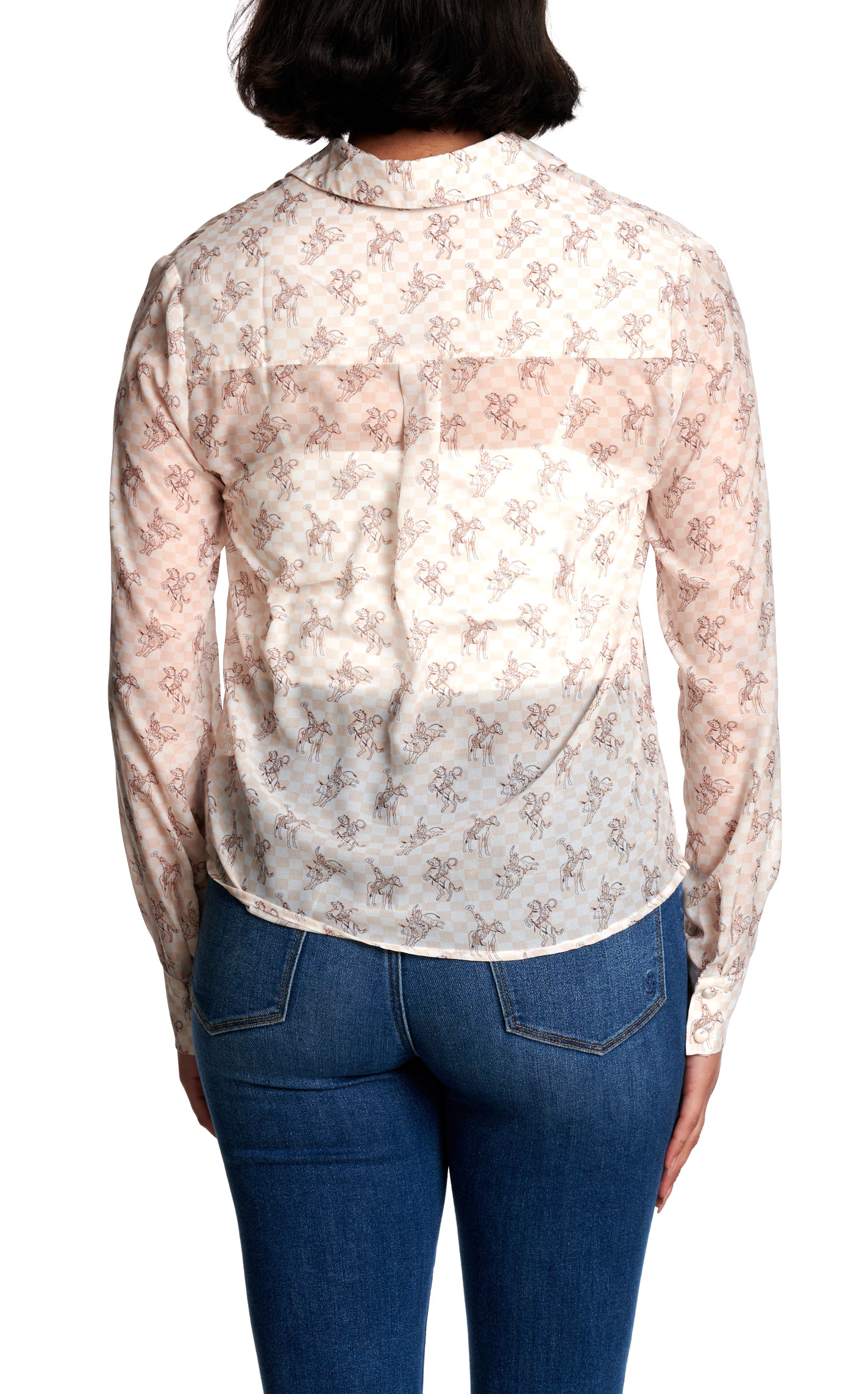 Blue B Women's Ivory & Peach Cowboy Horse Print Sheer Button Up Shirt - Image 1