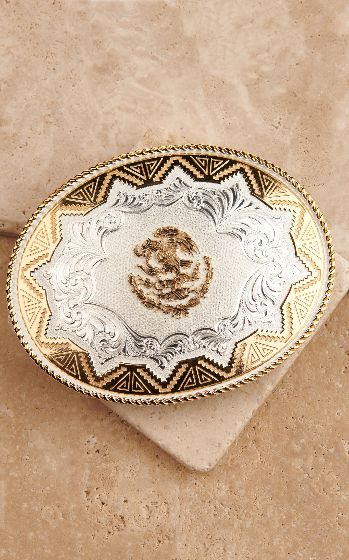 Montana Silversmiths Vaquero Gold & Silver Eagle Aztec Trim Belt Buckle - Image 1