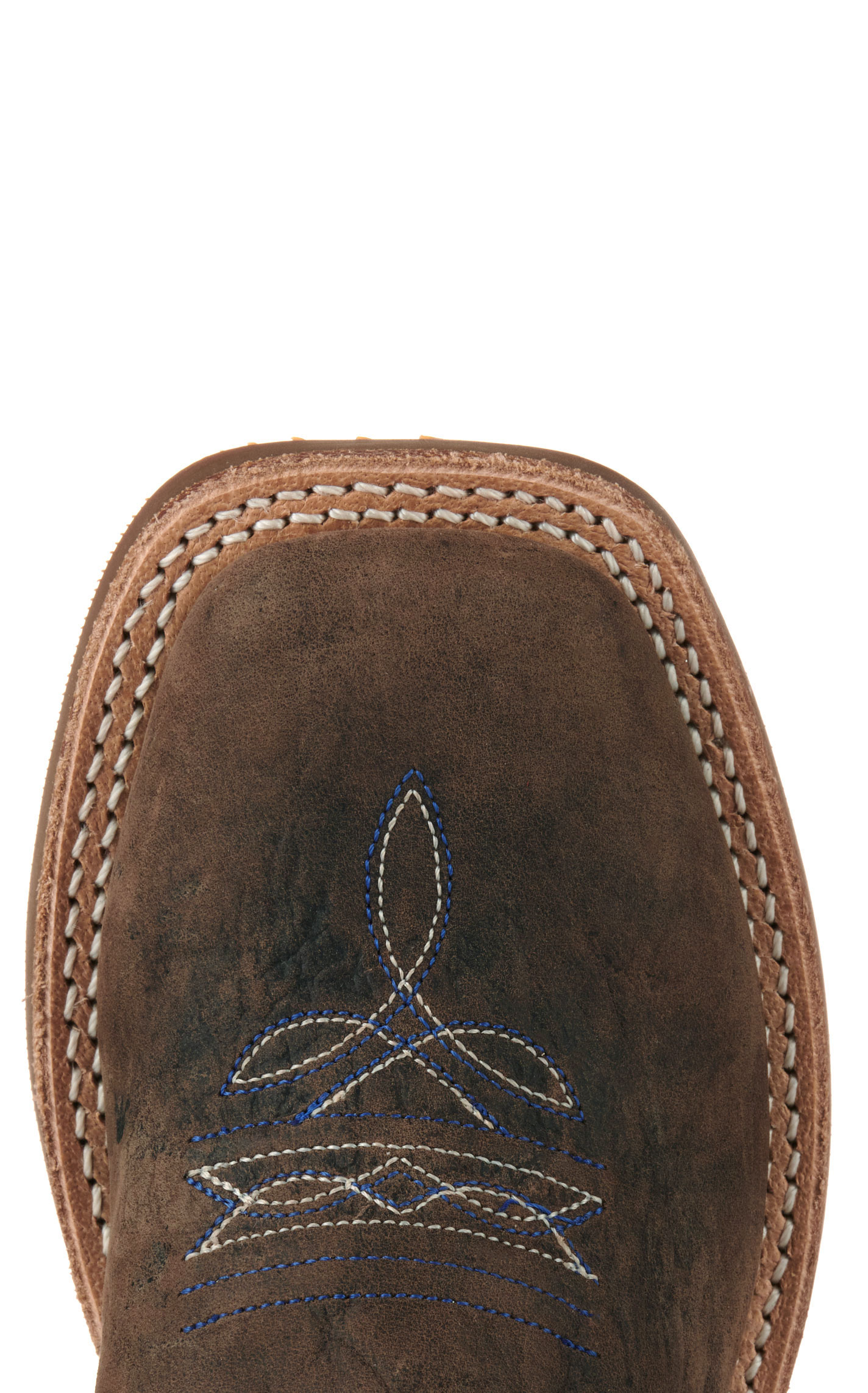 Old West Youth Dark Brown and Blue Wide Square Toe Cowboy Boots - Image 1