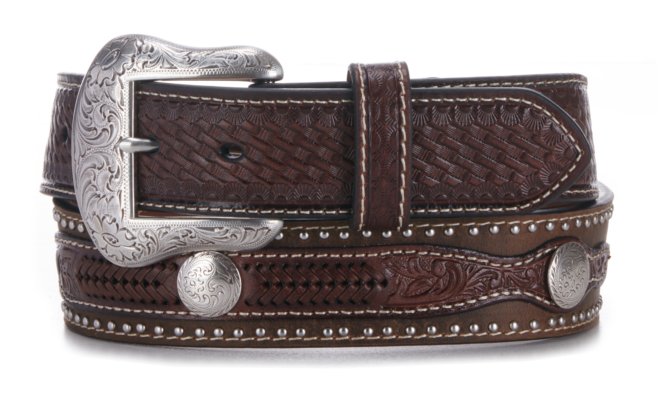 Cavender's Men's Brown Basket Weave and Braiding Concho Western Belt - Image 1