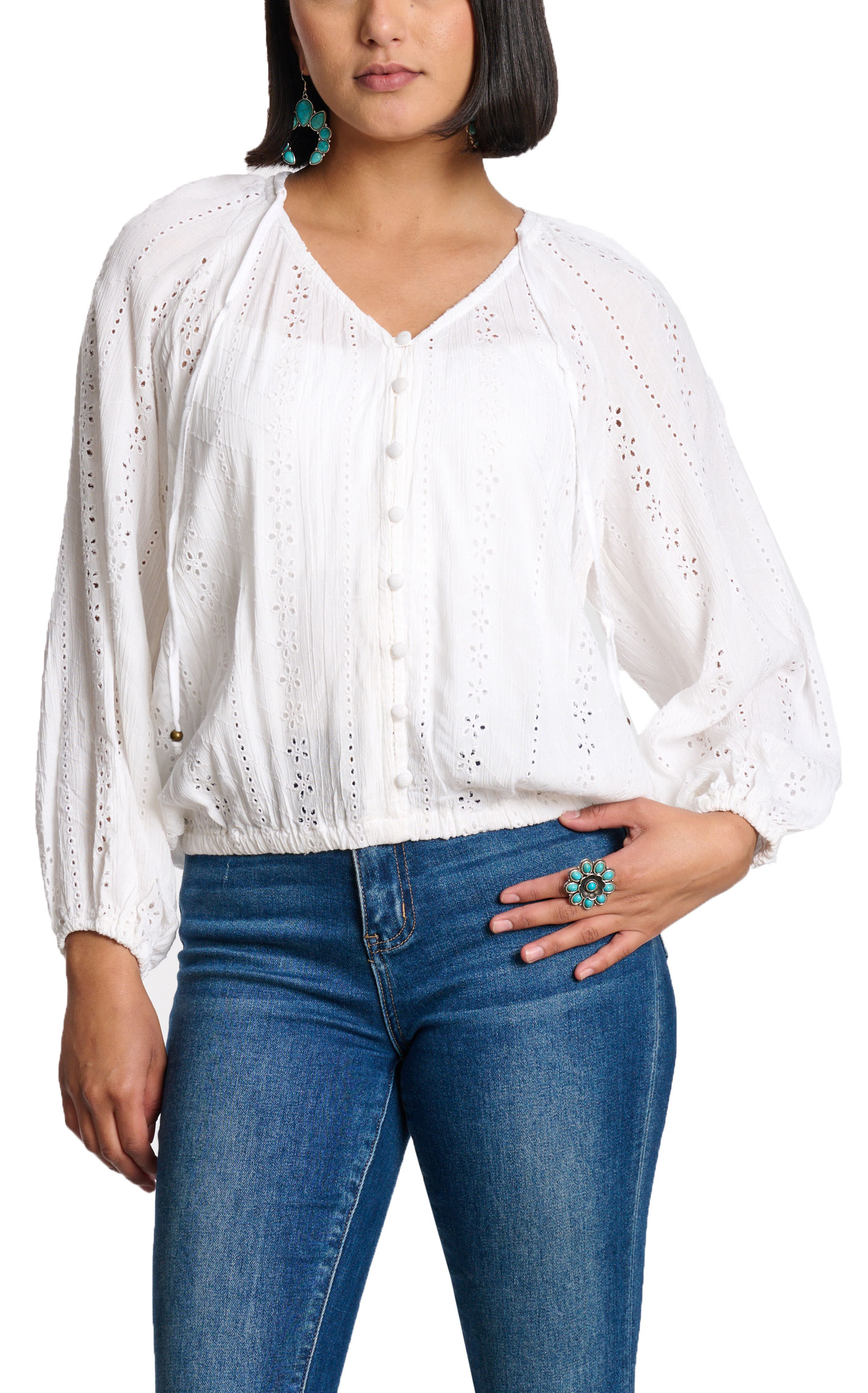 Angie Women's White Button Front Eyelet Top - Image 1