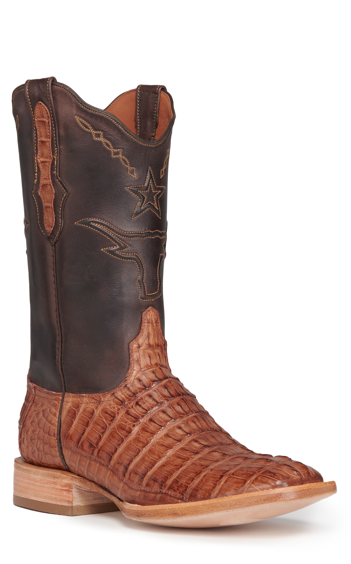 Black Jack Men's Chocolate and Cigar Caiman Tail Steer and Star Wide Square Toe Exotic Cowboy Boots - Image 1
