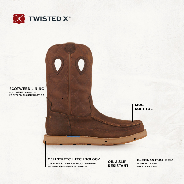 Twisted X Men's Brunette Brown and Pecan CellStretch Round Toe Wedge Work Boots - Image 1
