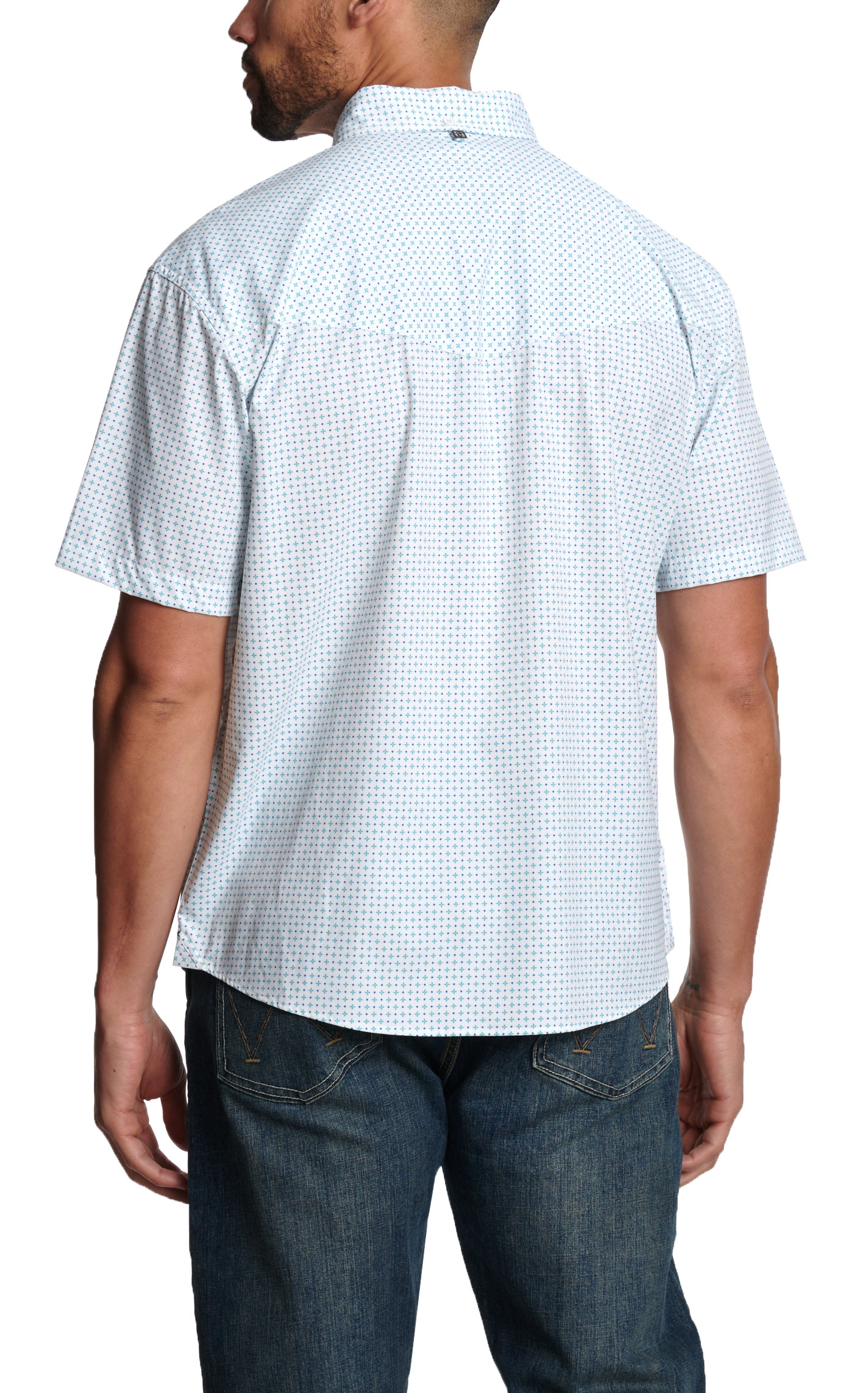 Rafter C Men's White & Turquoise Geo Print Western Shirt - Image 1
