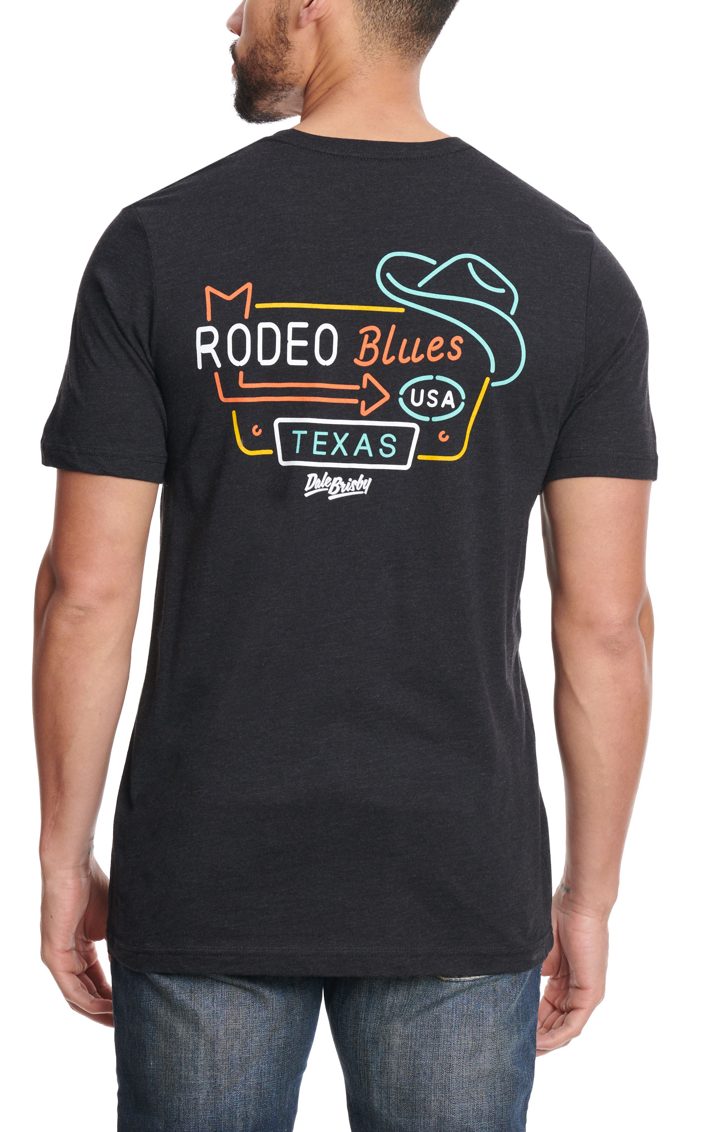 Rodeo Time Men's Black Turquoise Neon Rodeo Blues Graphic Short Sleeve T-Shirt - Image 1