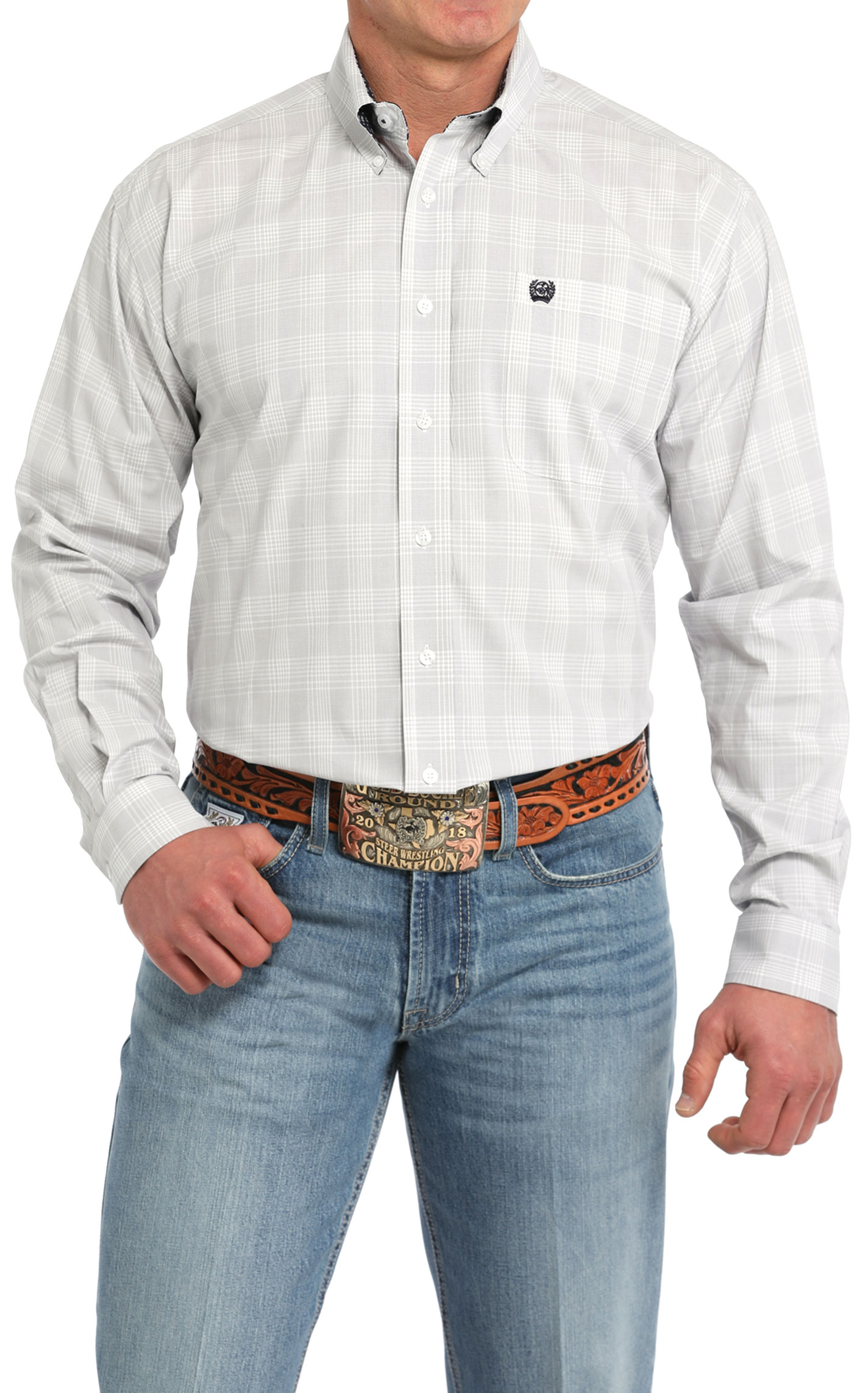 Cinch Men's Pale Gray & White Plaid Western Shirt - Image 1