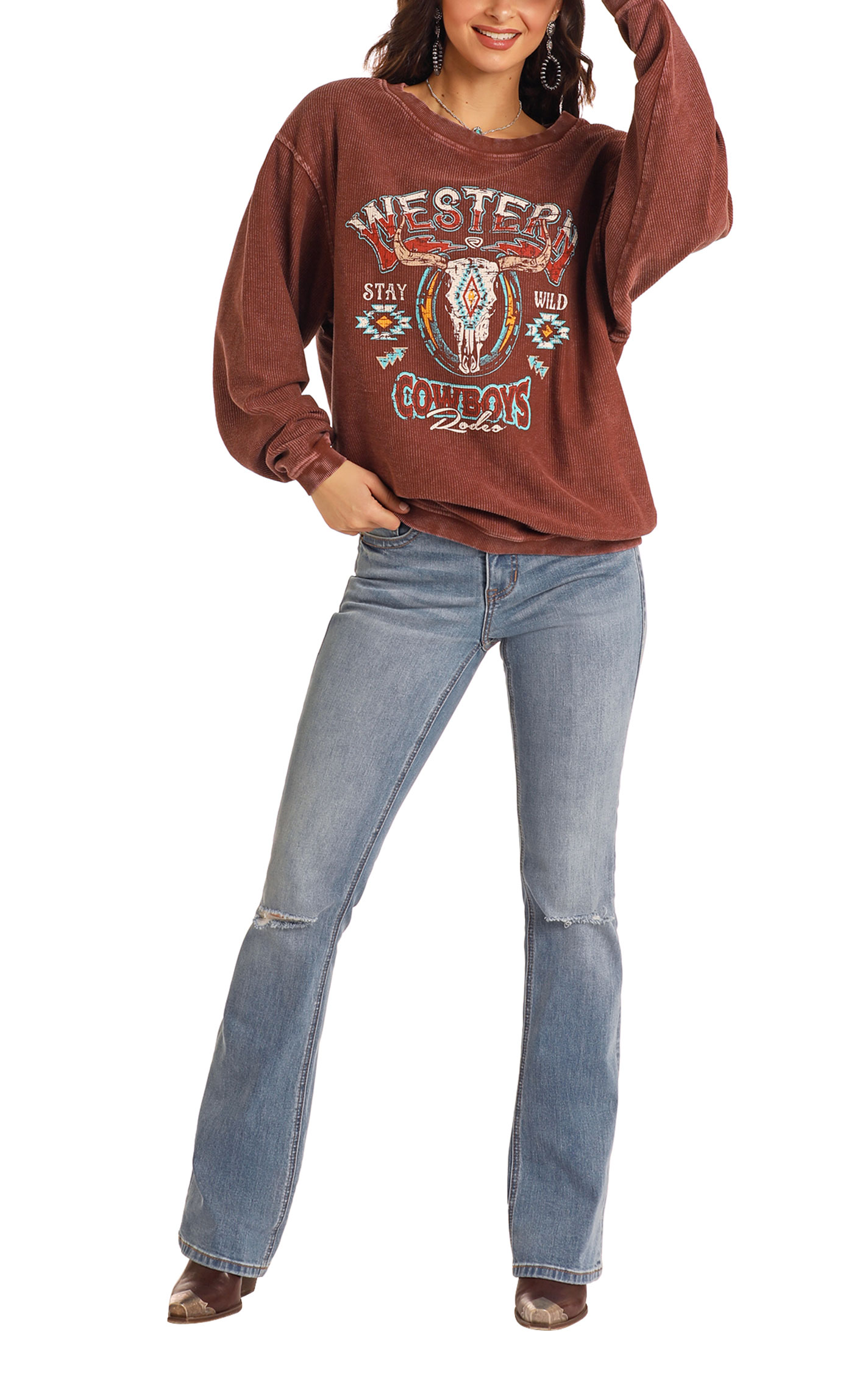 Rock & Roll Denim Women's Chocolate Thermal Aztec Skull Pullover - Image 1