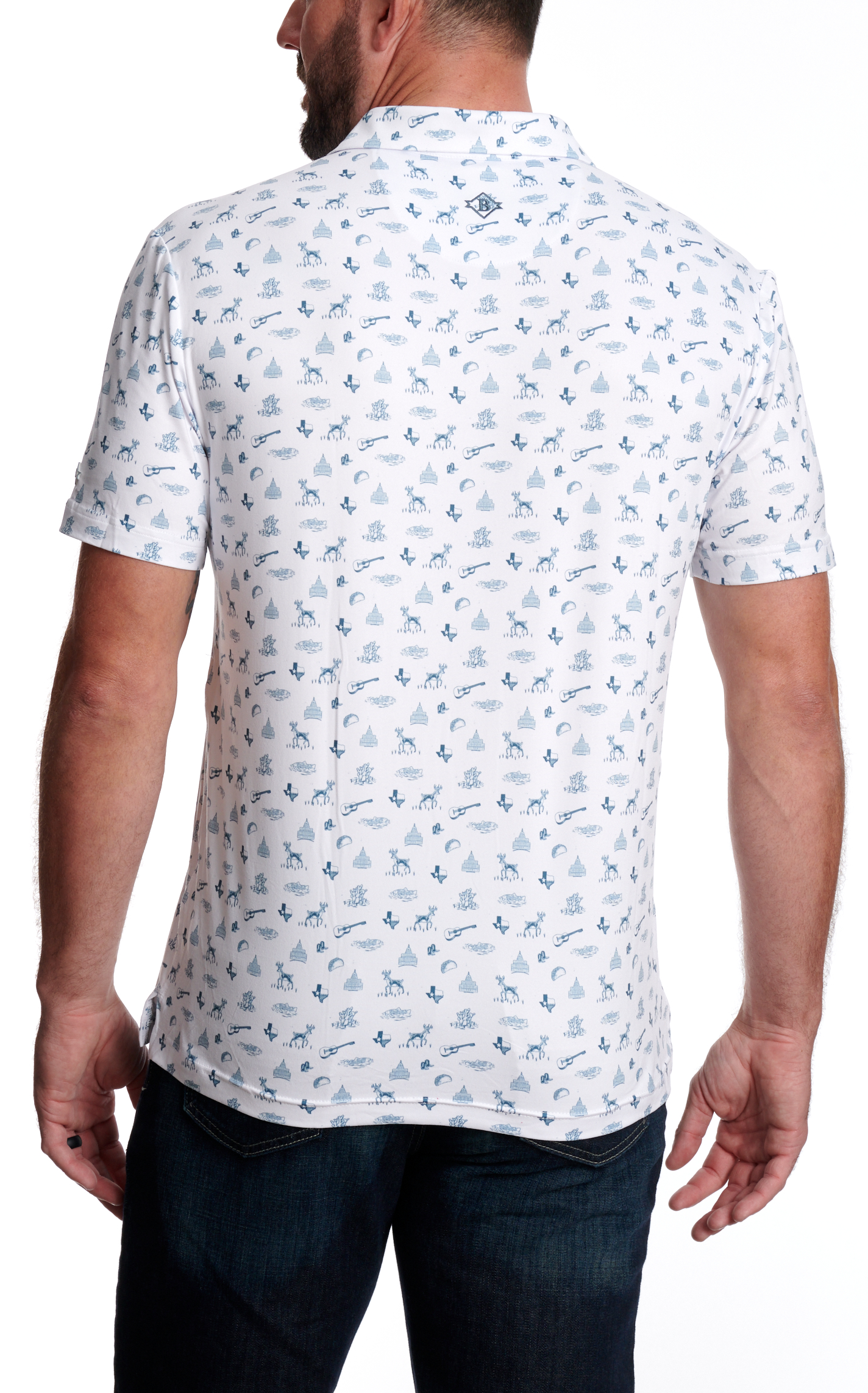 BURLEBO Men's White & Steel Blue Lone Star Print Performance Polo - Image 1