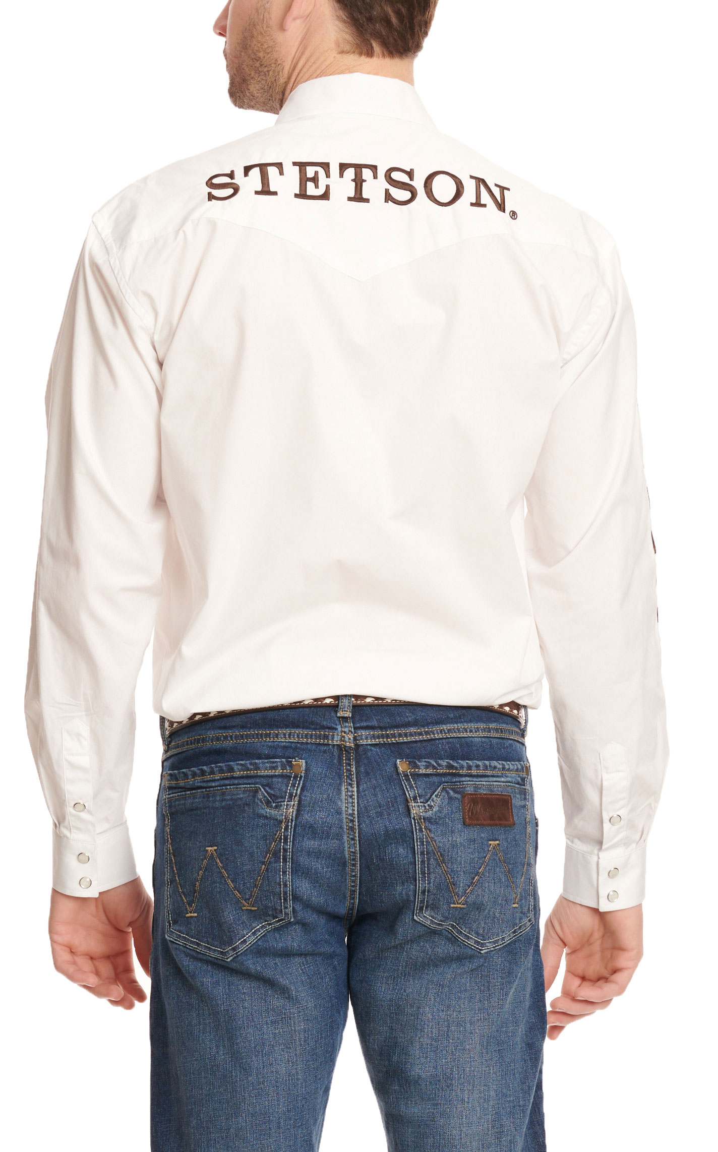 Stetson Men's White with Black Embroidery Logo Long Sleeve Western Shirt - Image 2