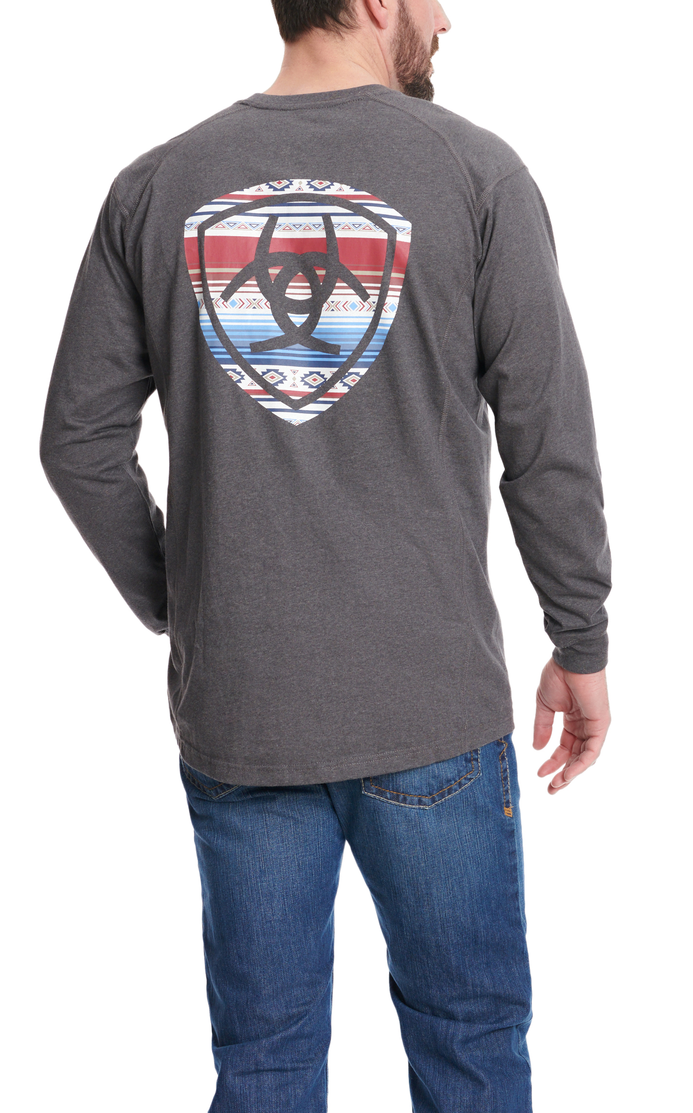 Ariat Men's Air Crew Charcoal & Aztec Logo Shield Gray FR Work Shirt - Image 1