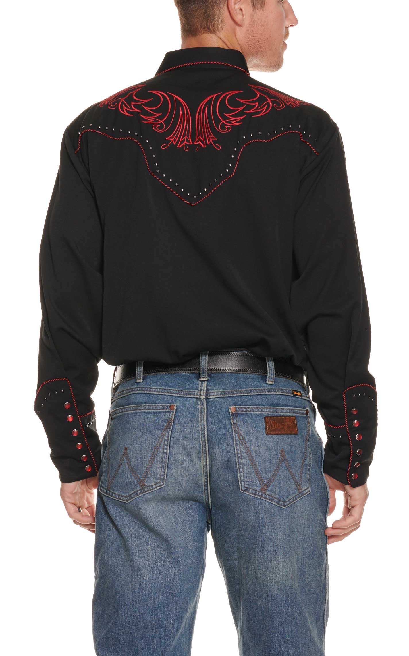 Scully Men's Black With Red Embroidered Scroll Long Sleeve Western Shirt - Image 1