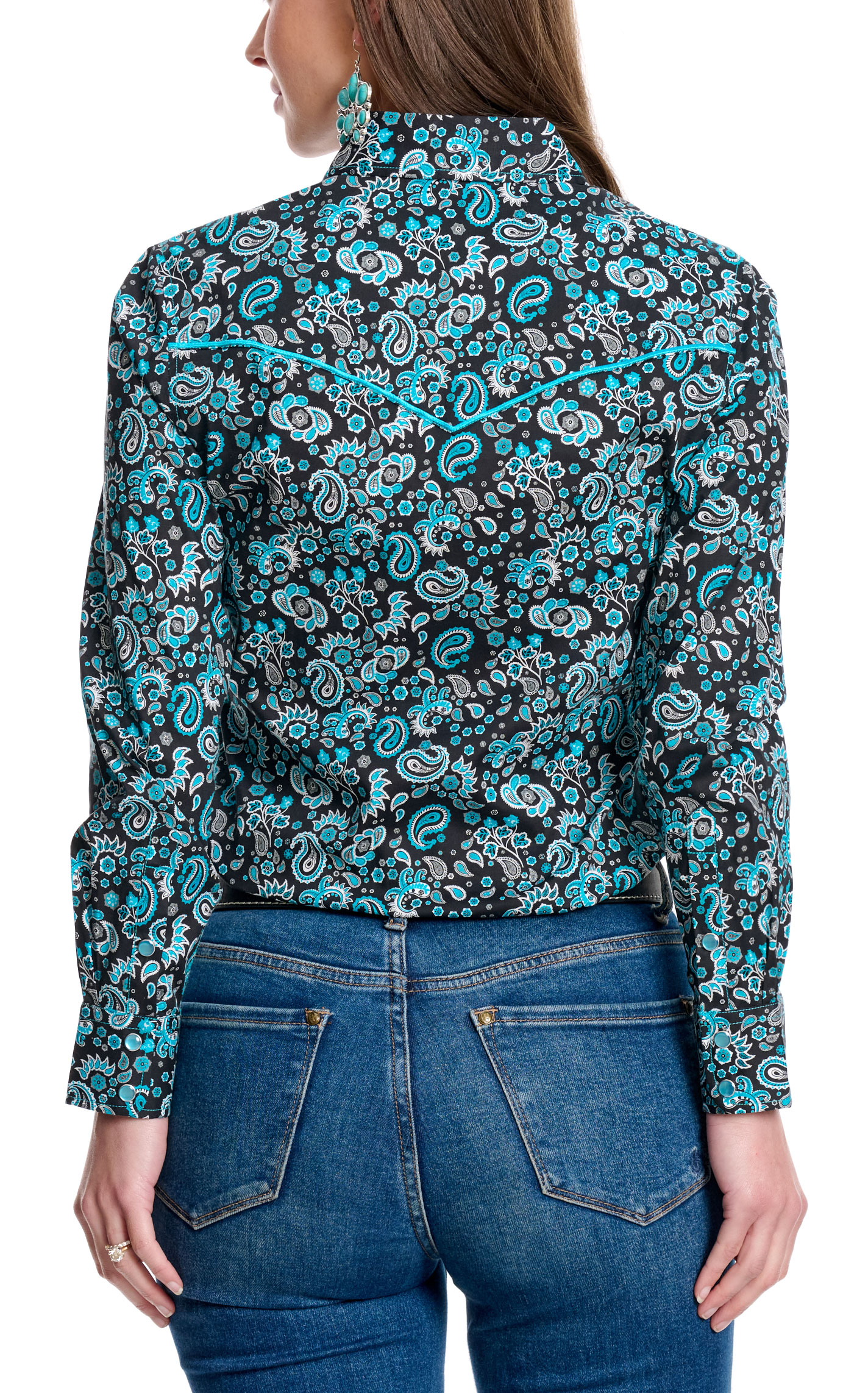 Cowgirl Hardware Women's Black & Turquoise Paisley Western Shirt - Image 1