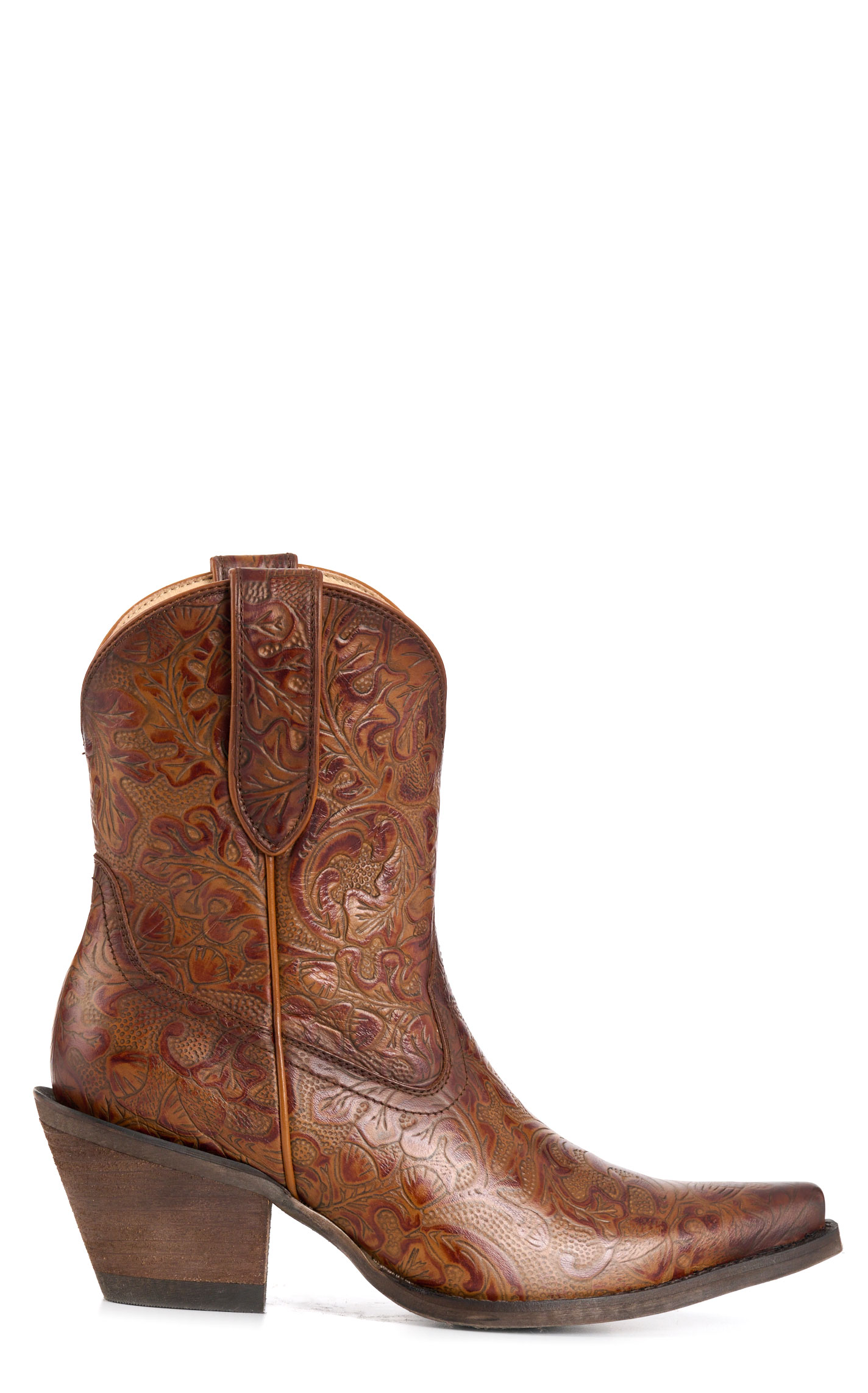 Rockin C Women’s Nut Brown Tooled Snip Toe Ankle Booties - Image 1