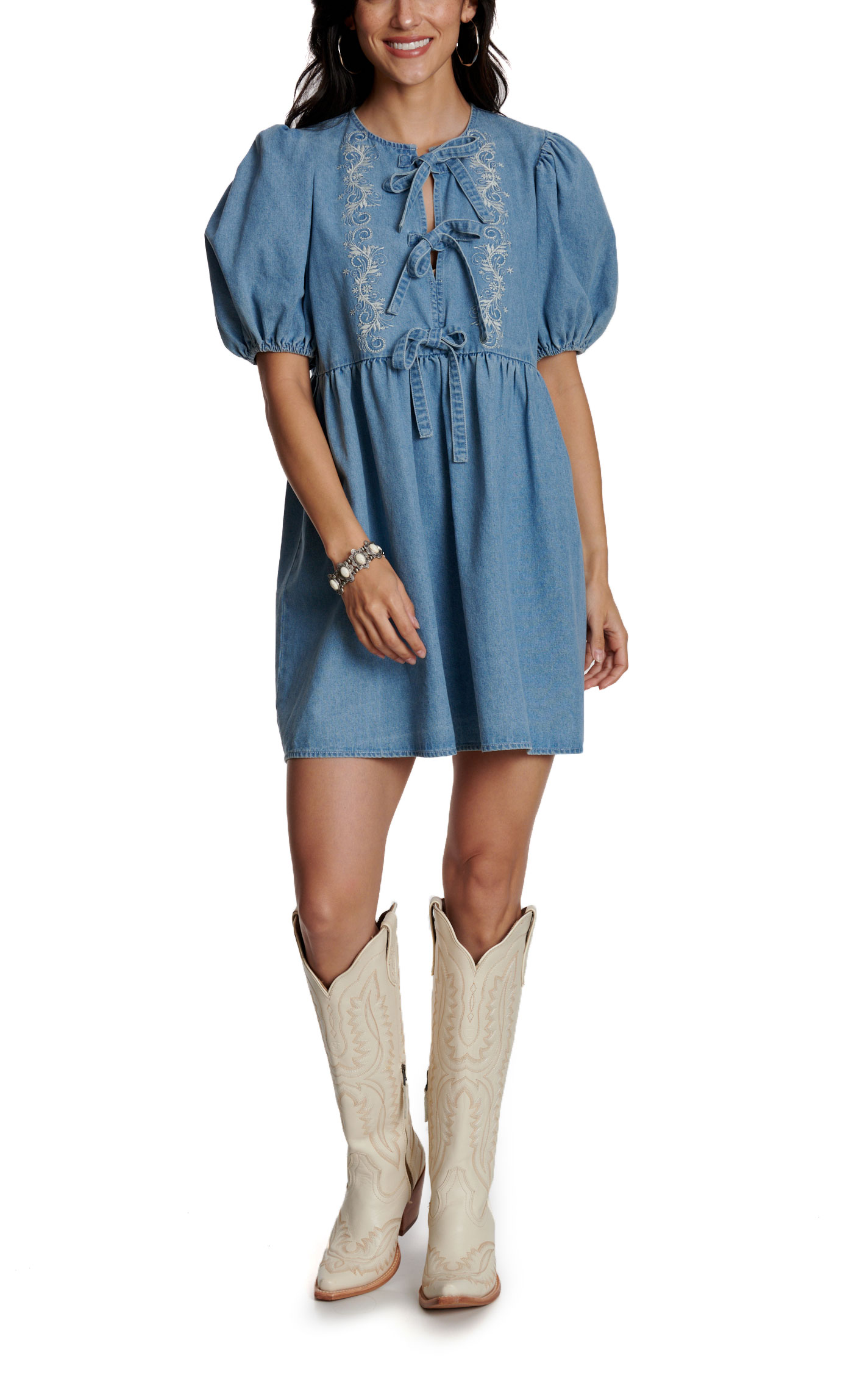 Blue B Women’s Denim Tie Front Puff Sleeve Dress - Image 1