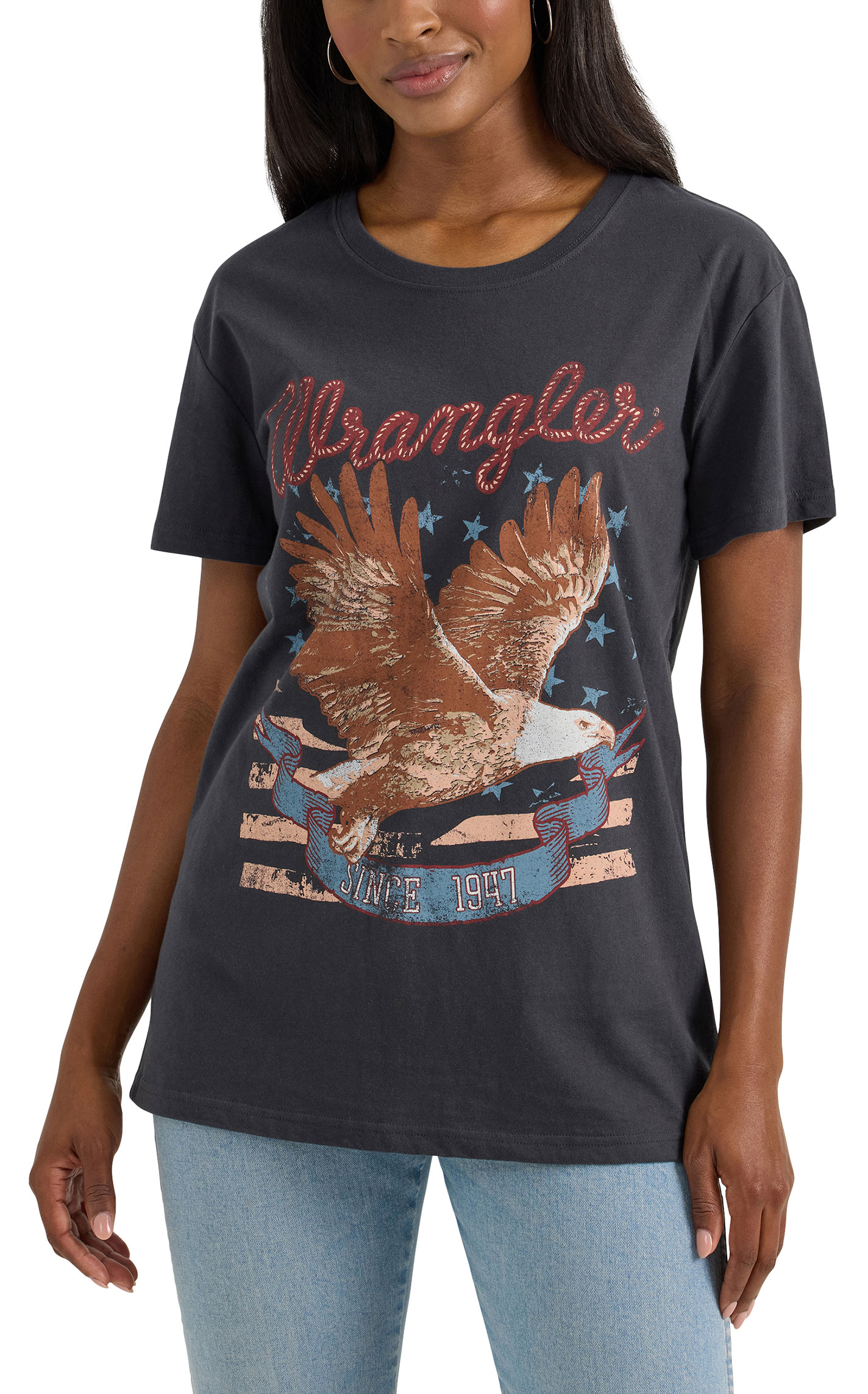 Wrangler Women's Black & Eagle Flag Logo Graphic T-Shirt - Image 1