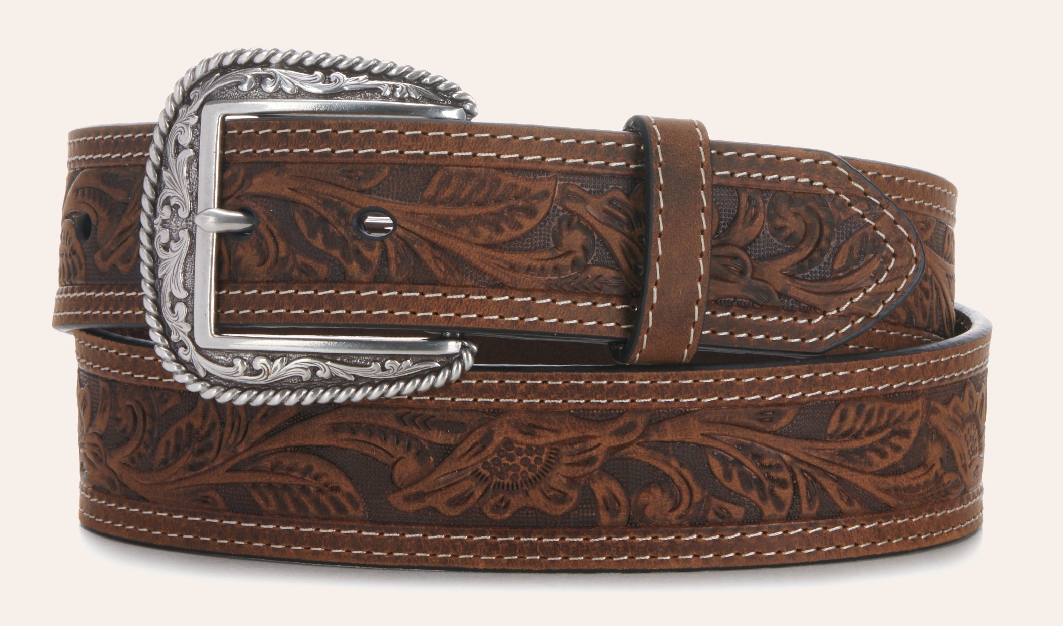 Ariat Men's Brown Tooled Double Stitched Western Belt - Extended Sizes - Image 1