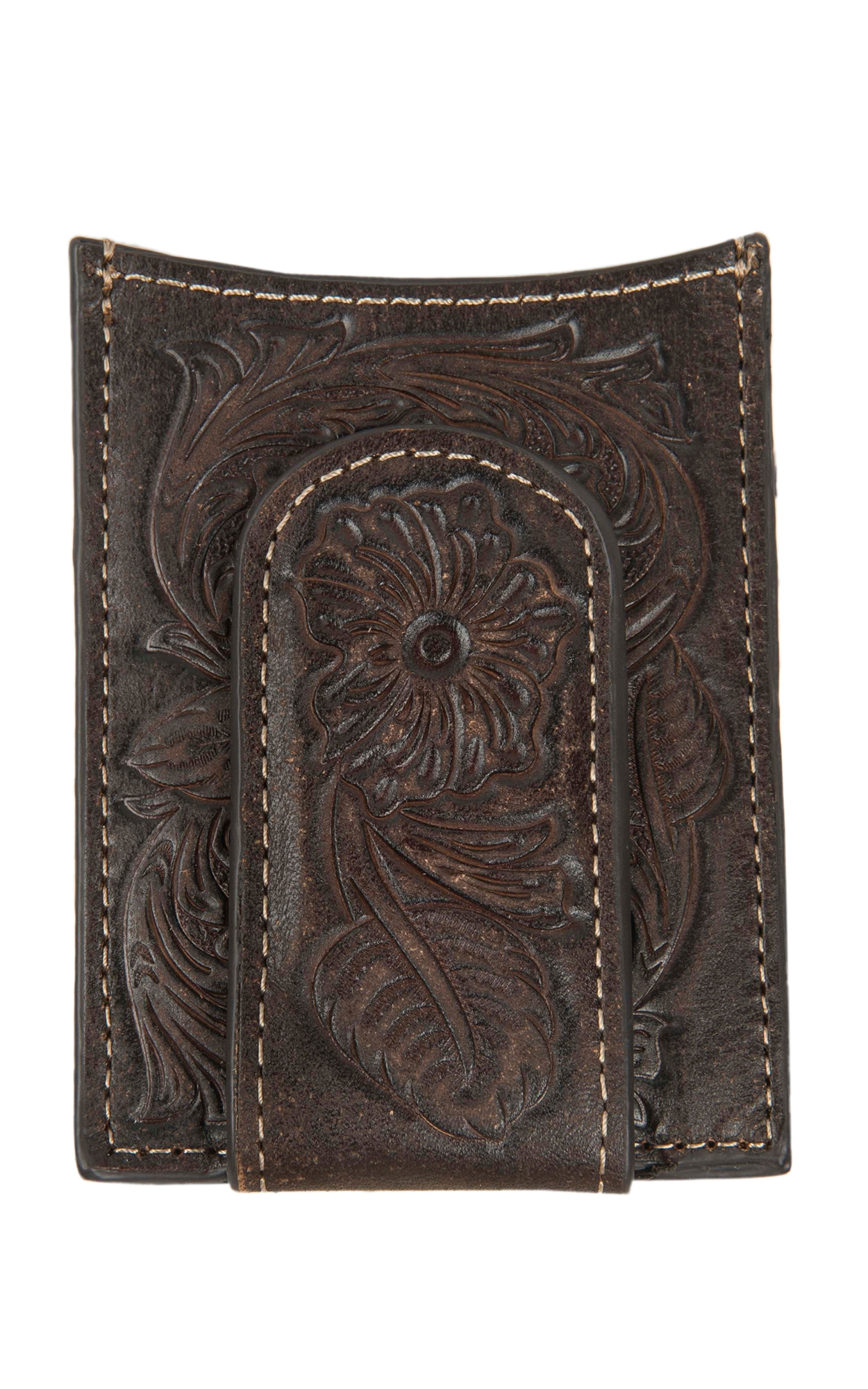 Ariat Dark Brown with Floral Tooling Leather Card Case / Money Clip - Image 1