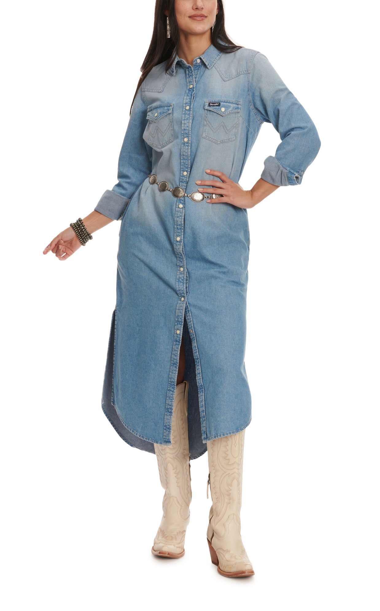 Wrangler Retro Women's Light Wash Denim Long Sleeve Long Shirt Dress - Image 1