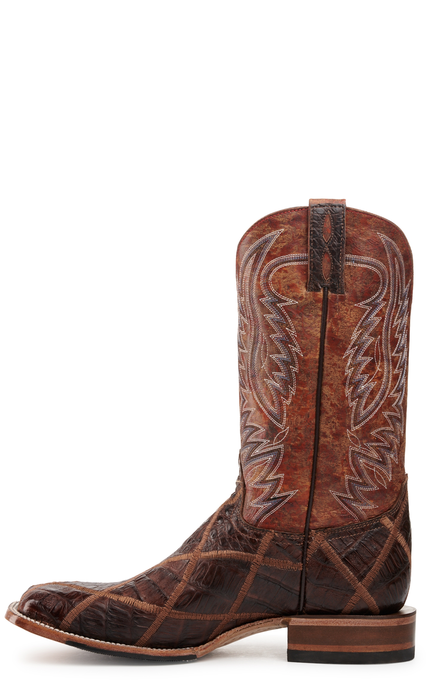 Cavender's Men's Rust and Cigar Caiman Patchwork Wide Square Toe Exotic Cowboy Boots - Image 1