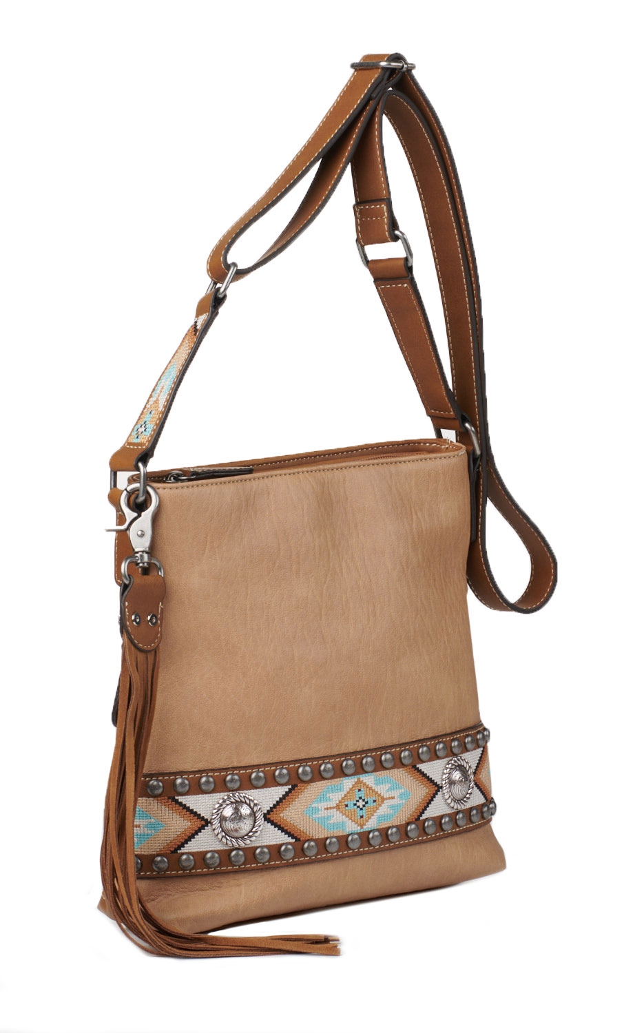 Nocona Carmen Tan with Southwest Stitching and Conchos Concealed Carry Crossbody Handbag - Image 1