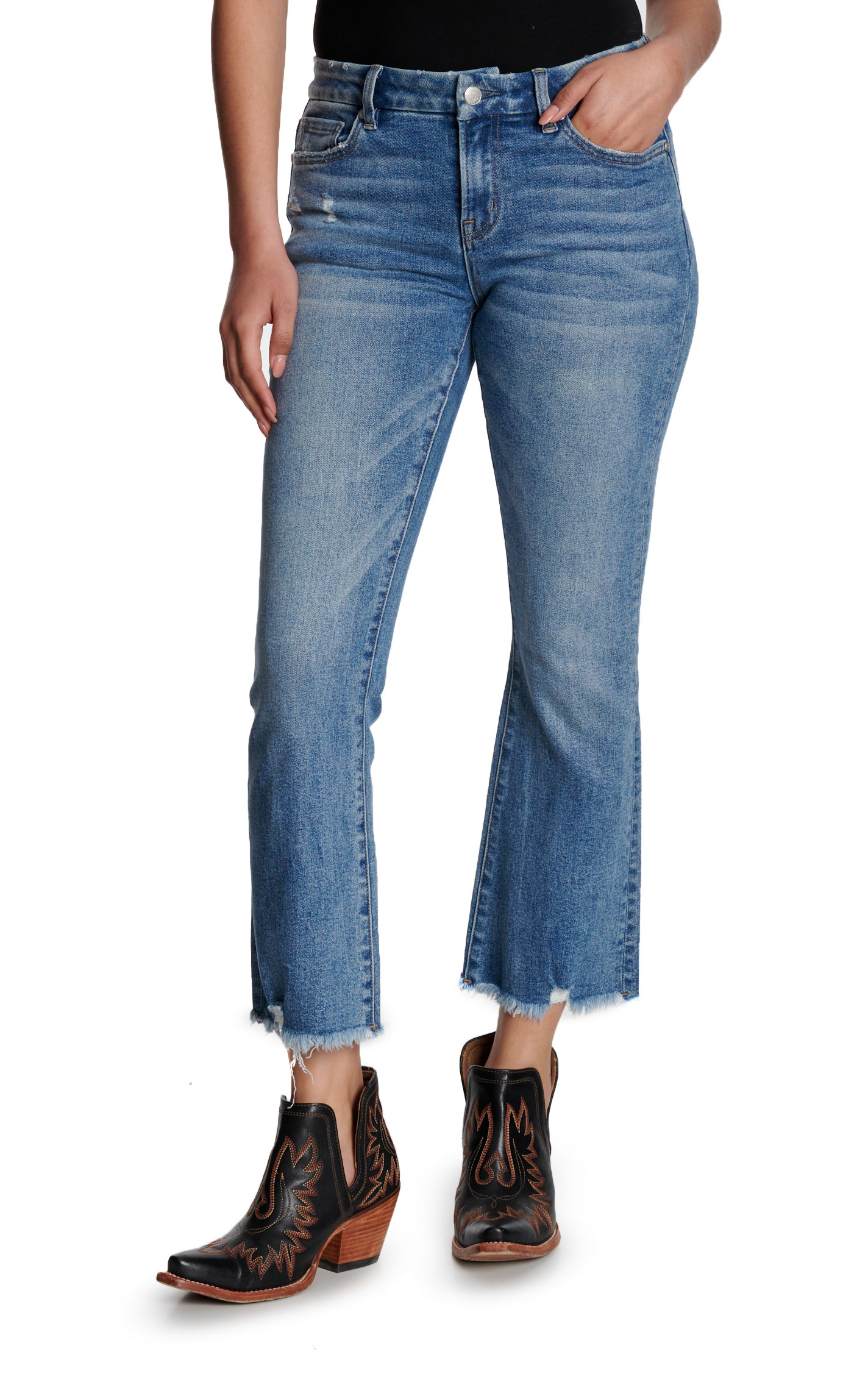 Rockin C Women's Light Wash Raw Hem Cropped Flare Jeans - Image 1