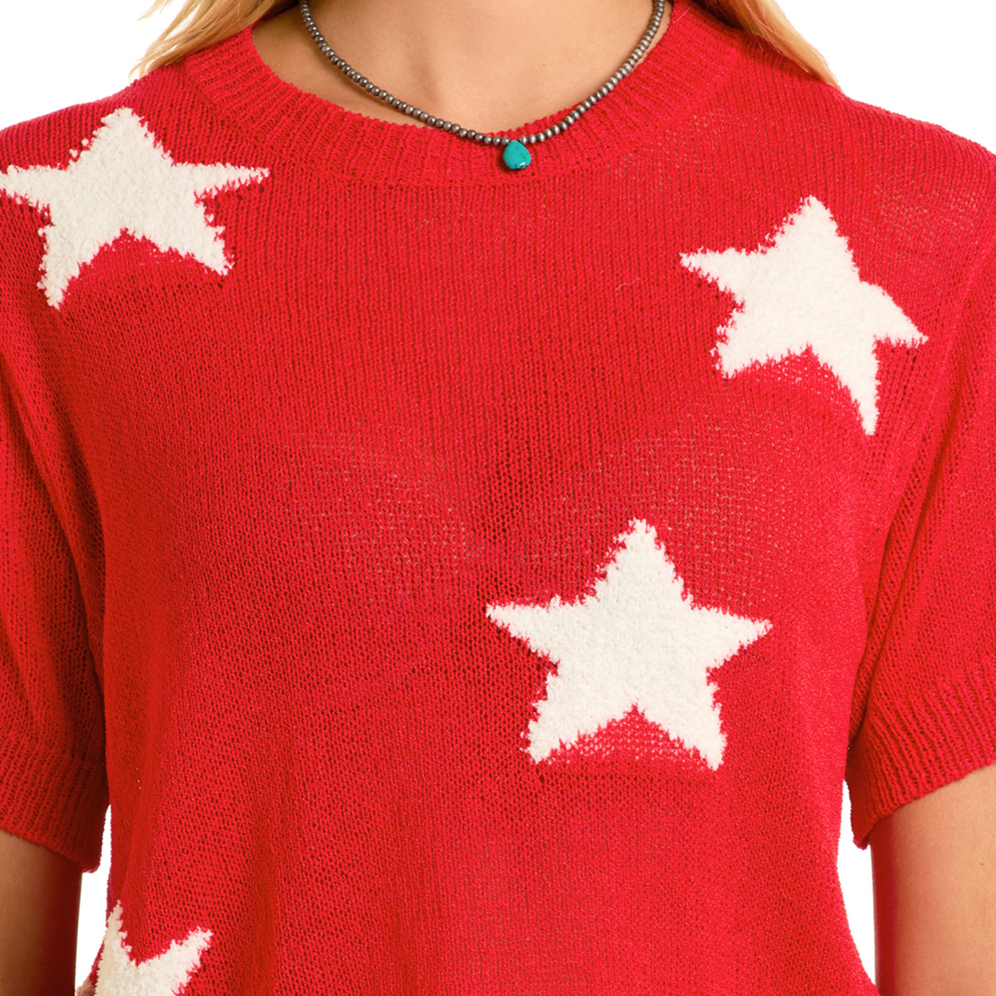 Rock & Roll Denim Women's Red White Star Short Sleeve Sweater - Image 1