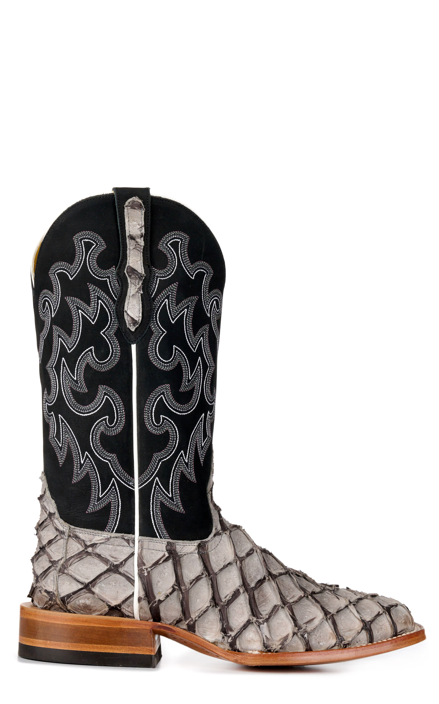 Cavender’s Men’s Charcoal Gray Pirarucu and Black Wide Square Toe Exotic Cowboy Boots - Image 1
