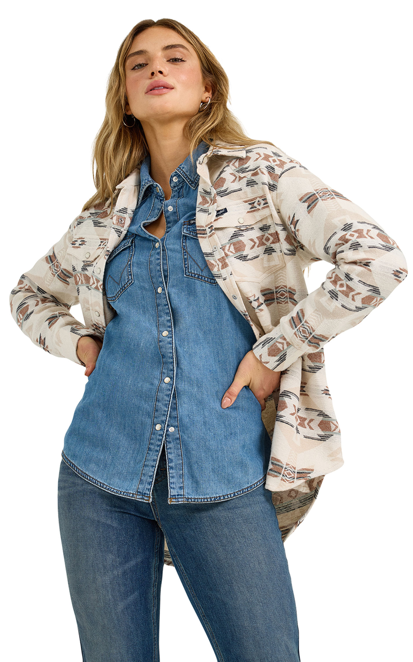Wrangler Retro Women's Cream Aztec Print Unlined Boyfriend Fit Shacket - Image 3