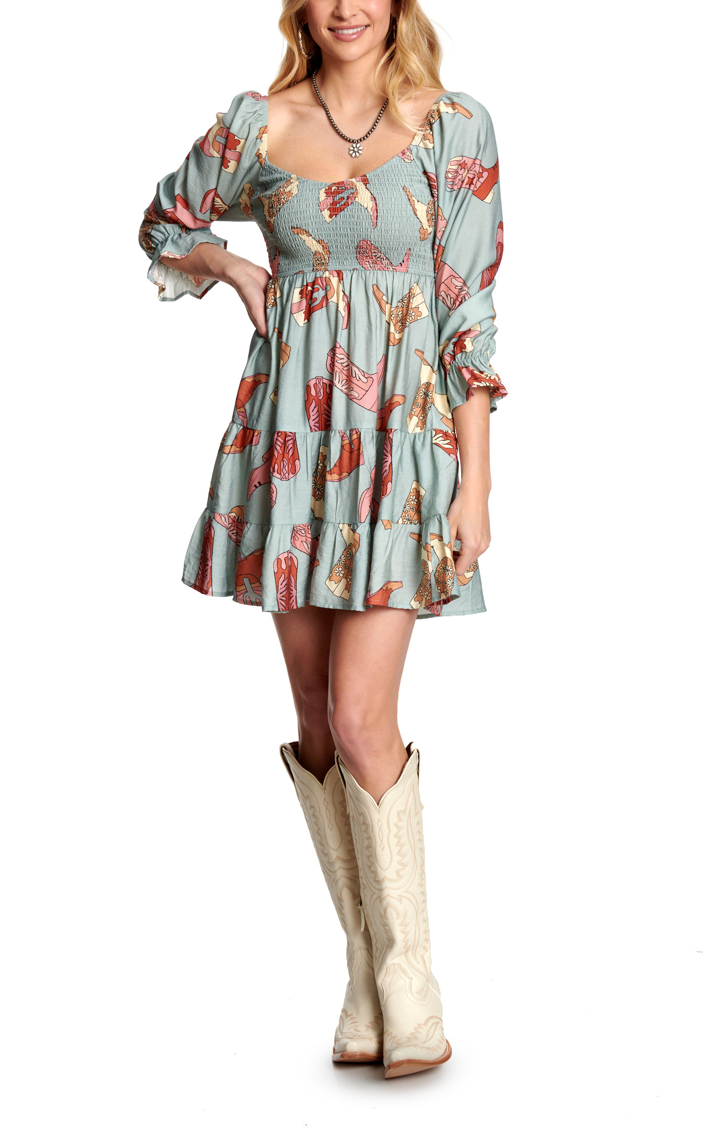 Rockin C Women's Aqua Marine Boot Print Smocked Dress - Image 1