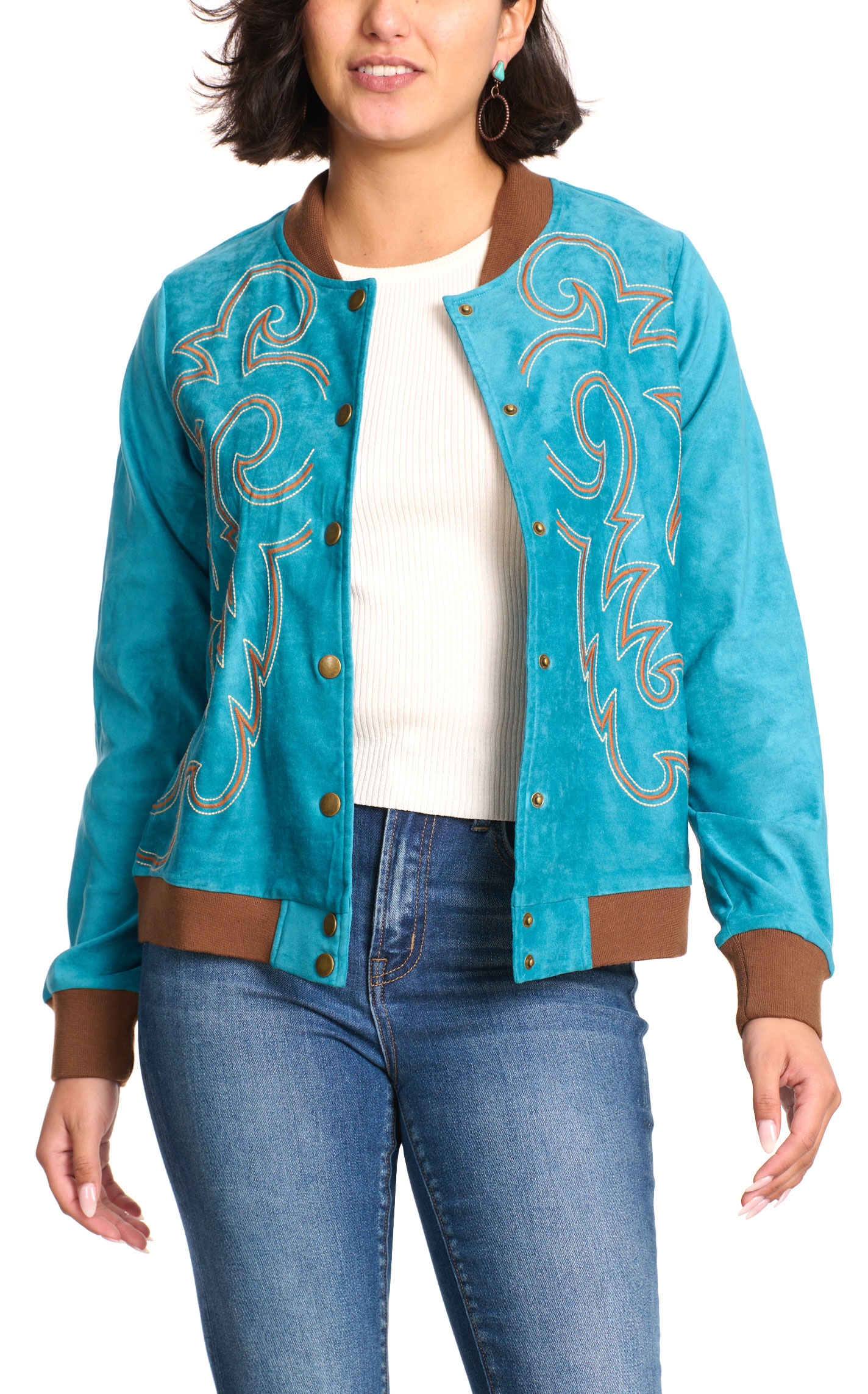 Rockin C Women's Turquoise & Caramel Faux Suede Jacket - Image 1