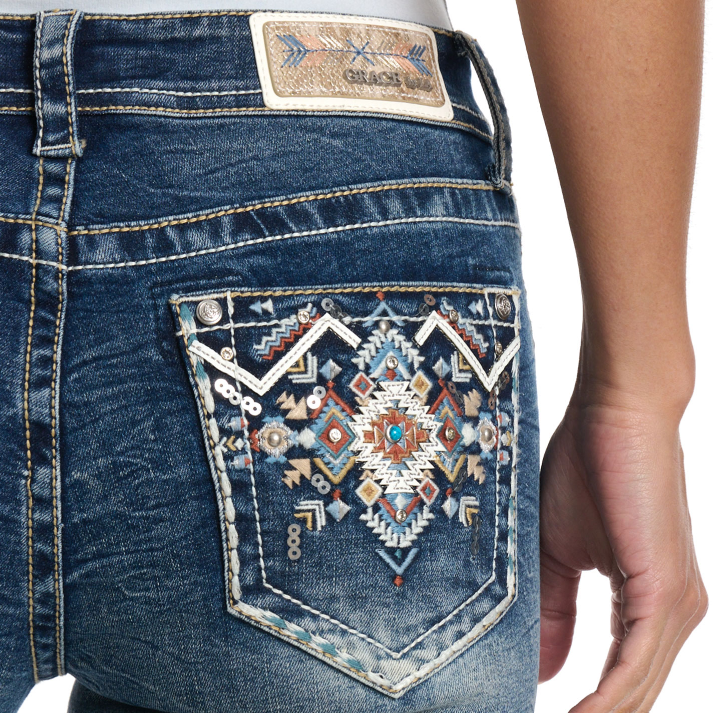Grace in L.A. Women's Light Wash Aztec Boot Cut Jeans - Image 1