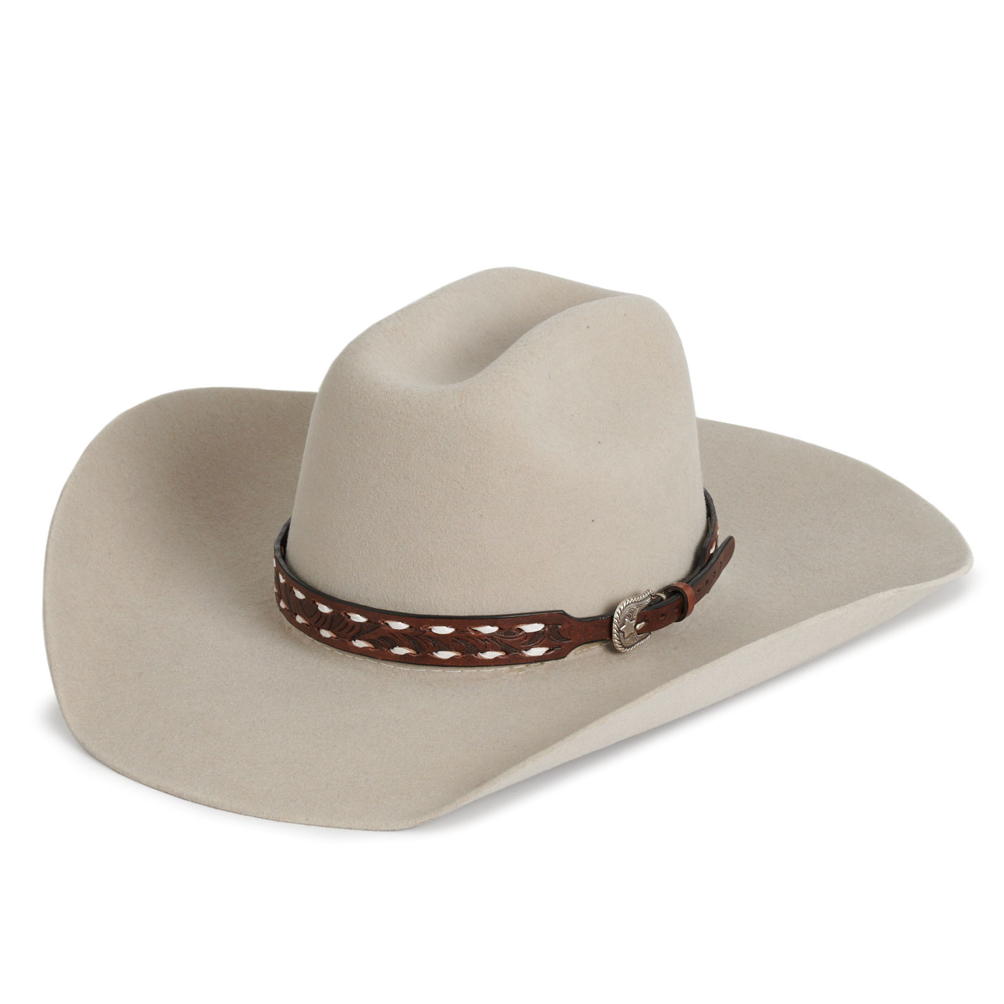 Twister Brown Scroll Tooled White Buckstitch Lace Silver Buckle Hatband - Image 1