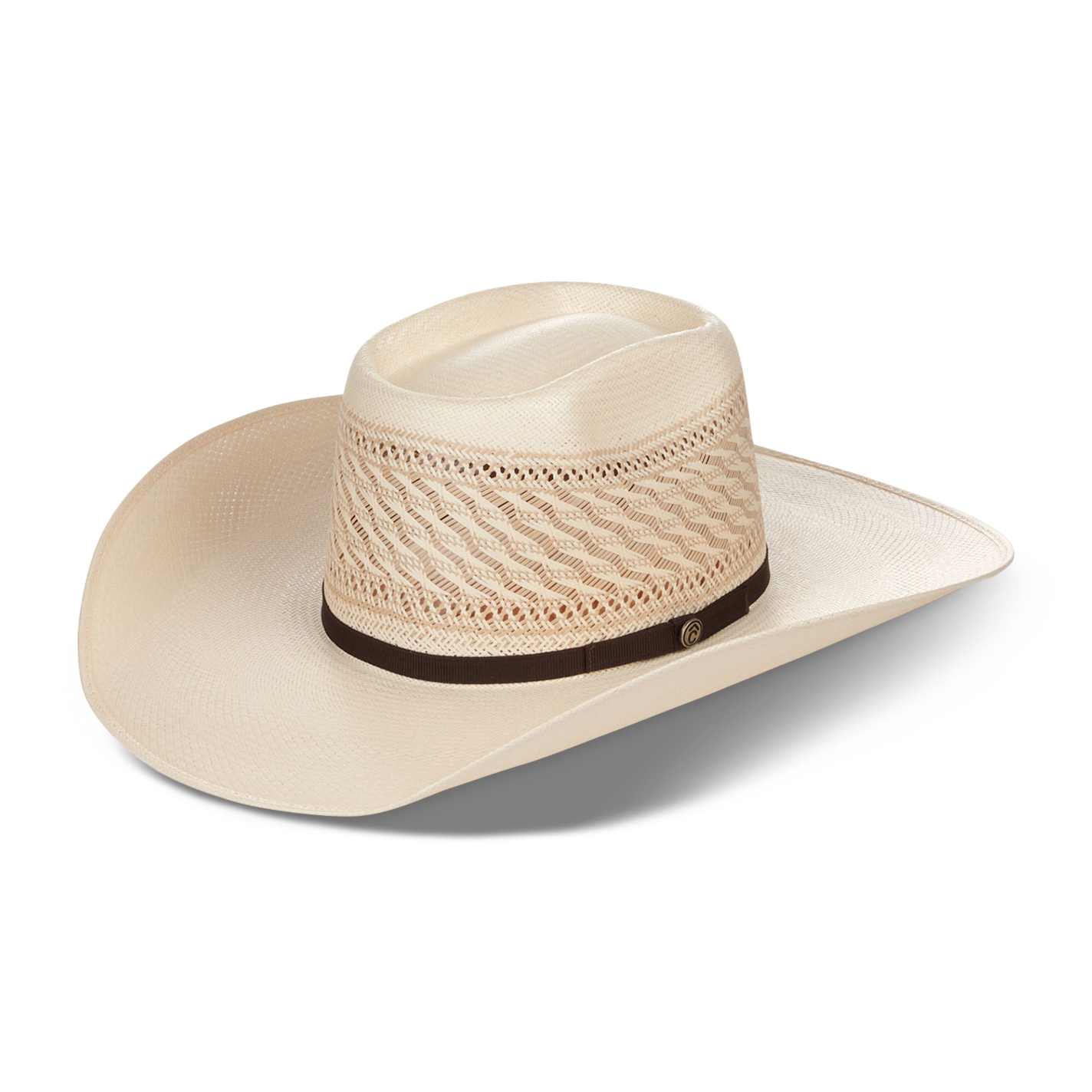 Rafter C Men's Rowdy Ivory with Tan Accent Vented Brick Crown Shantung Weave Straw Cowboy Hat - Image 1