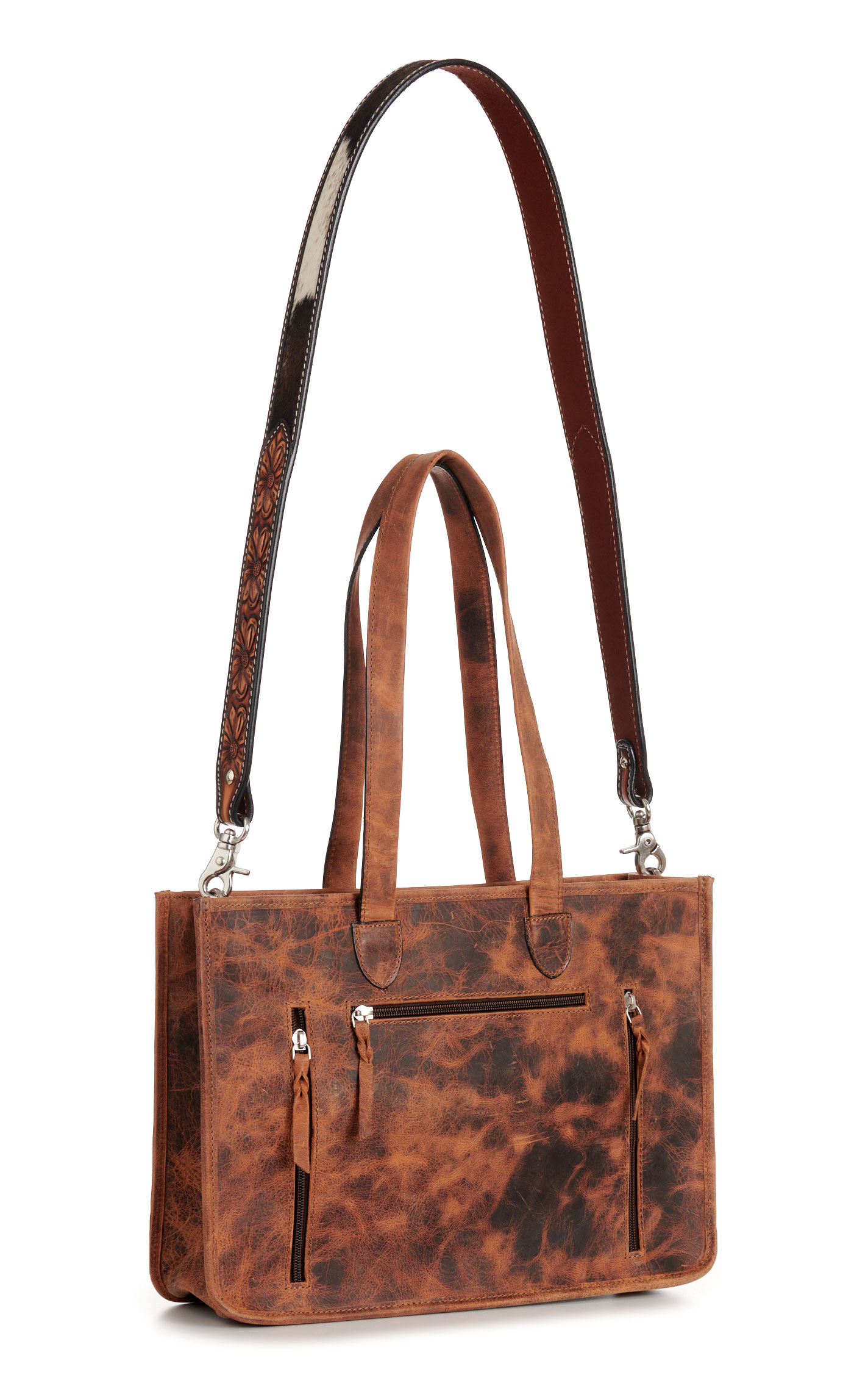 Angel Ranch Caramel Leather Tooled Sunflowers Cream & Black Hair on Hide Crossbody Concealed Carry Tote - Image 1