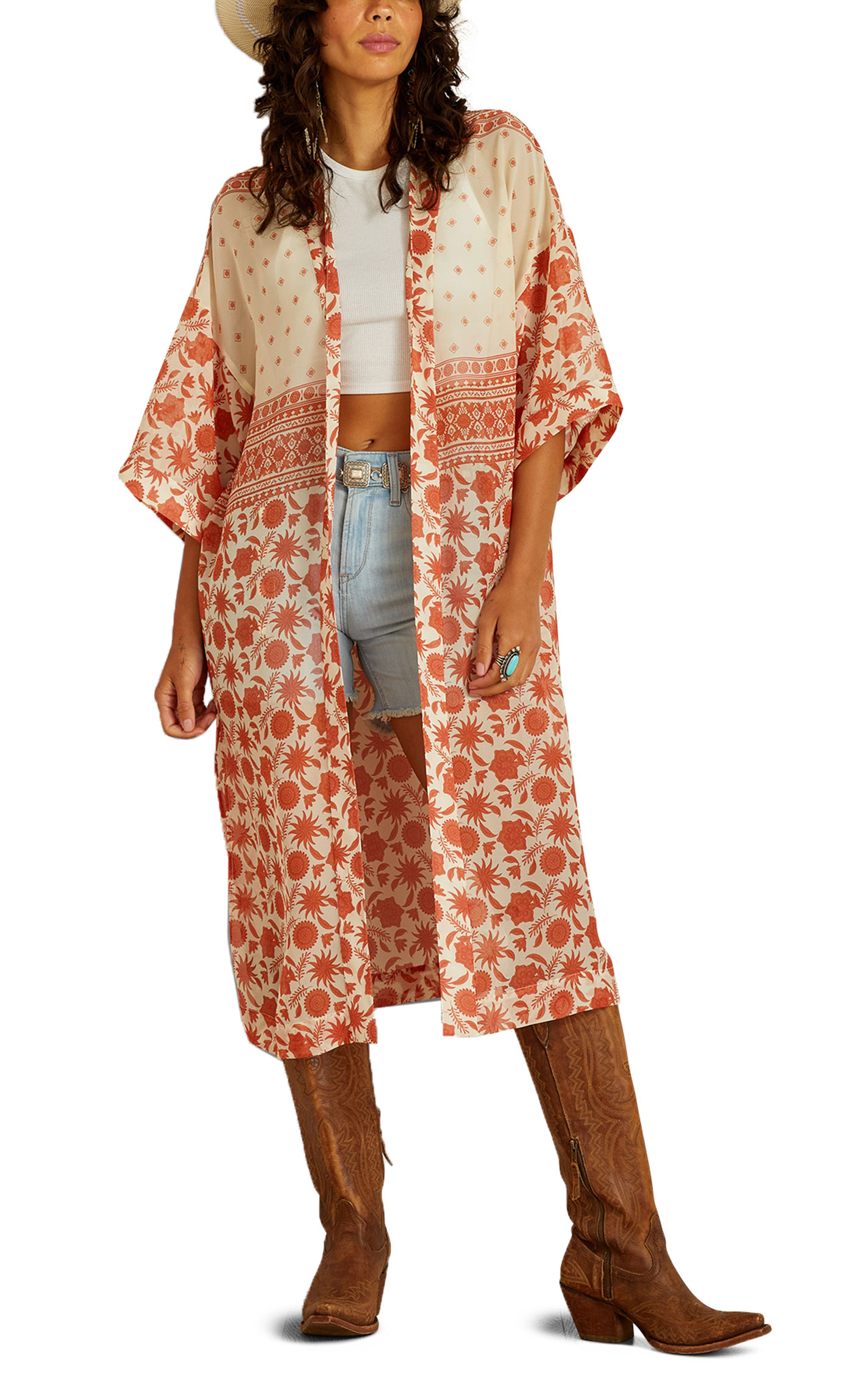 Ariat Women's Paige Cream & Tangerine Floral Border Print Duster - Image 3