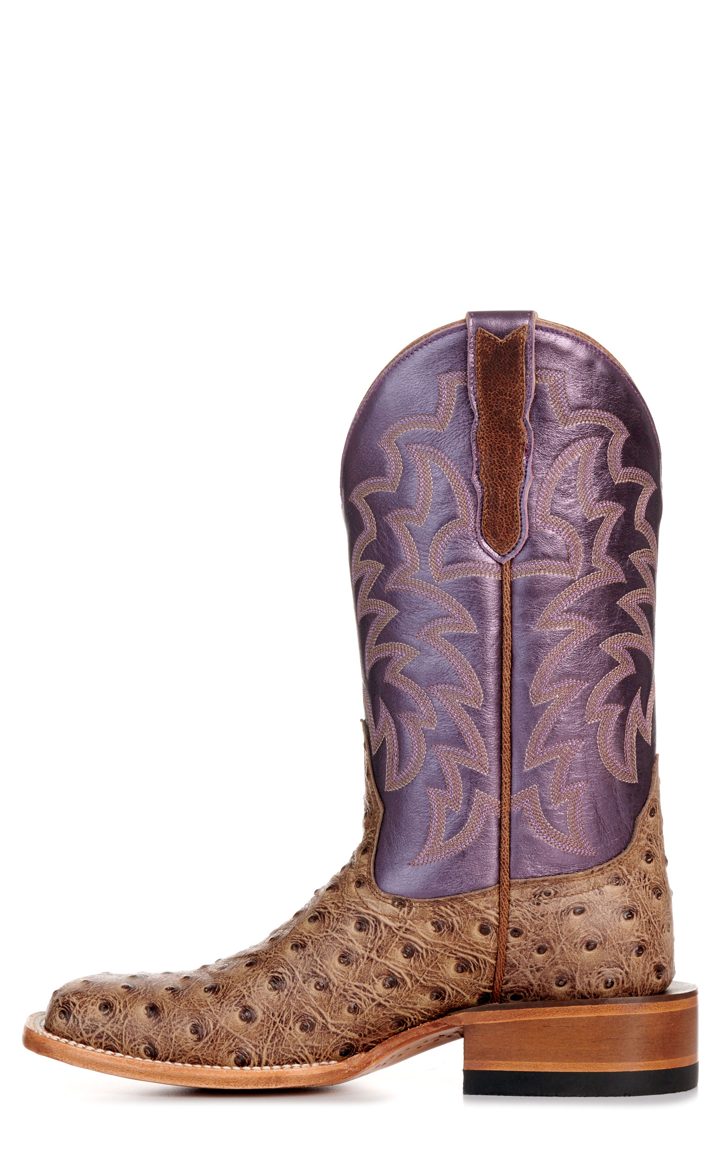 Cavender’s Women’s Endurance Sand Ostrich Print and Metallic Purple Wide Square Toe Cowboy Boots - Image 1