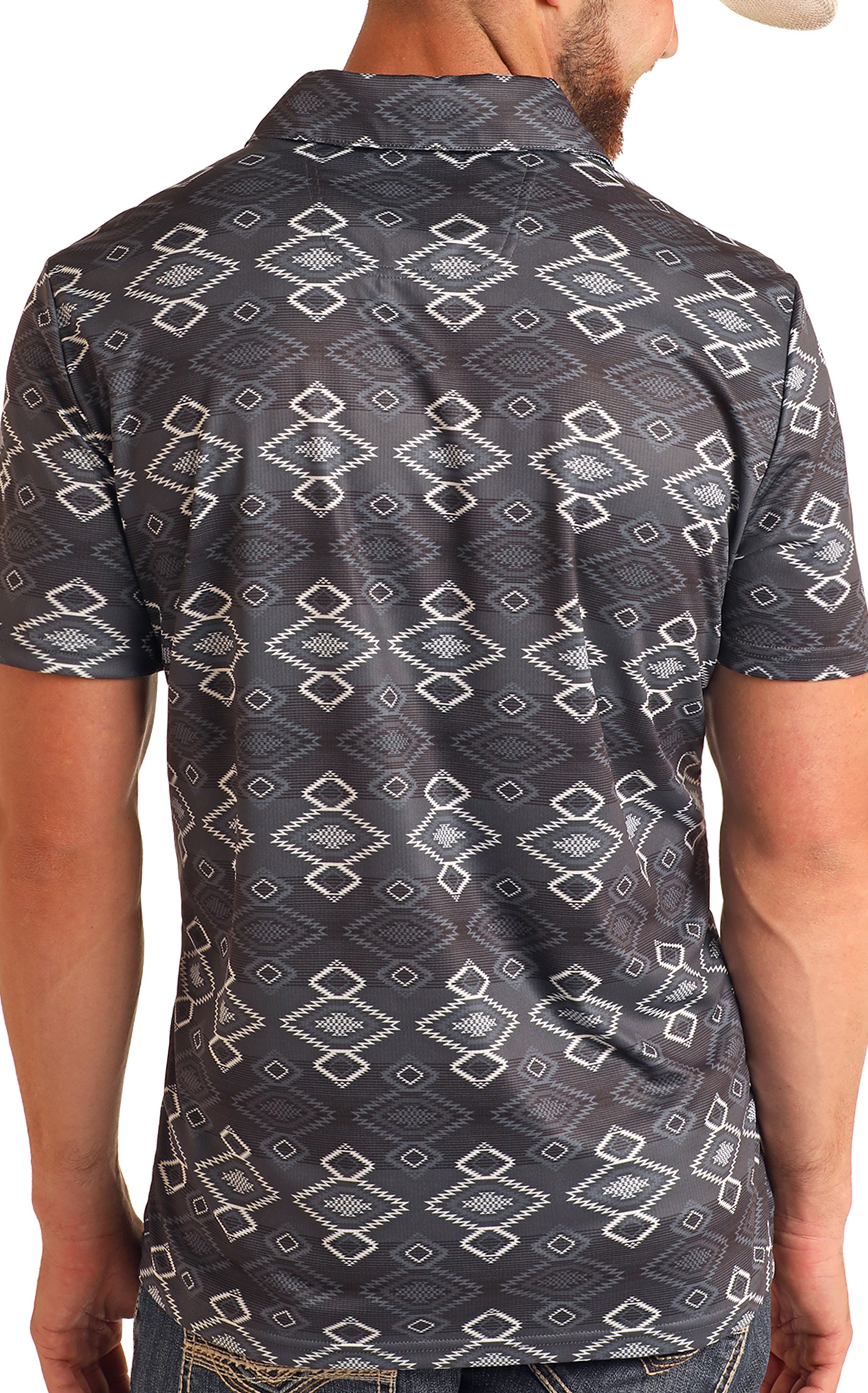 Rock & Roll Men's Black And Gray Aztec Print Polo - Image 1