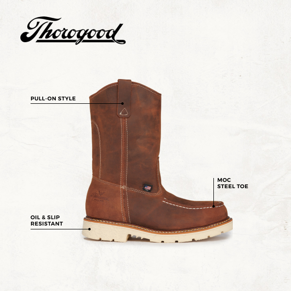 Thorogood Men's American Heritage Trail Crazy Horse Steel Moc Toe Wellington Work Boots - Image 1