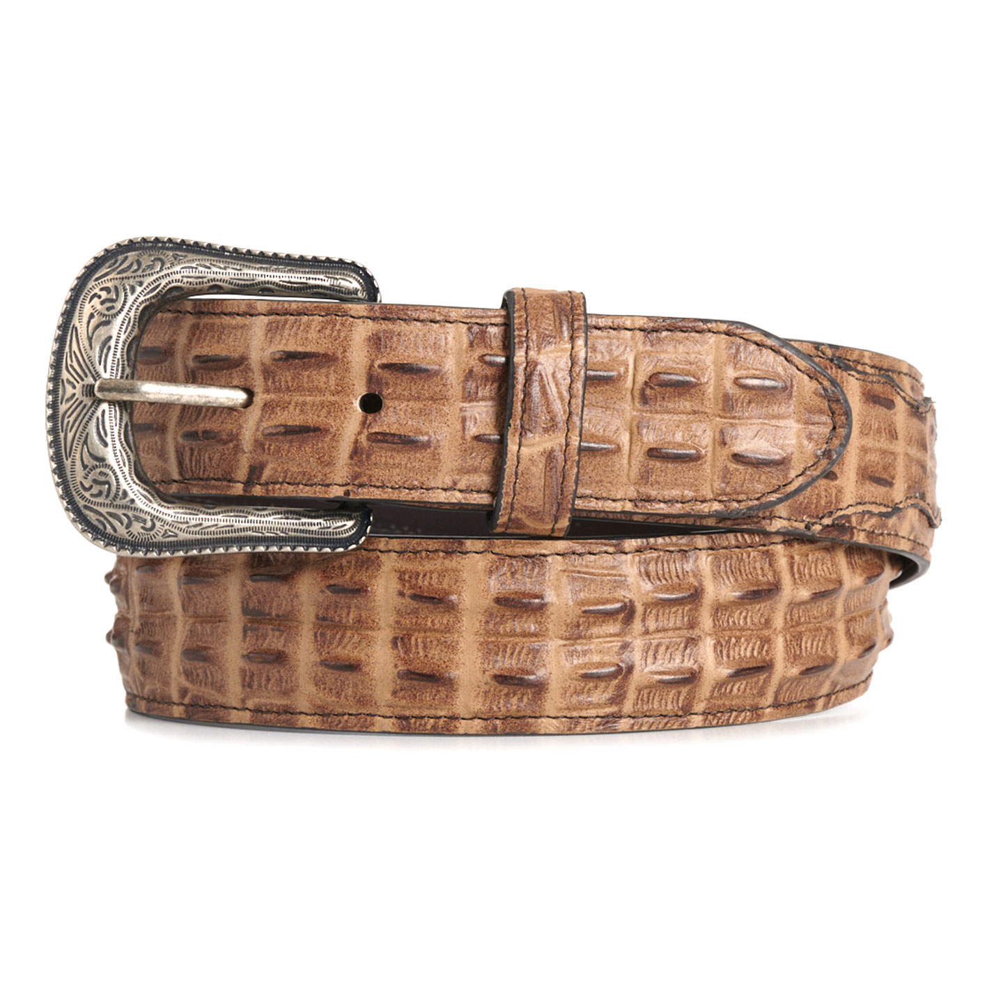 Cavender's Men’s Cognac Gator Print Leather Belt with Silver Etched Buckle - Image 1