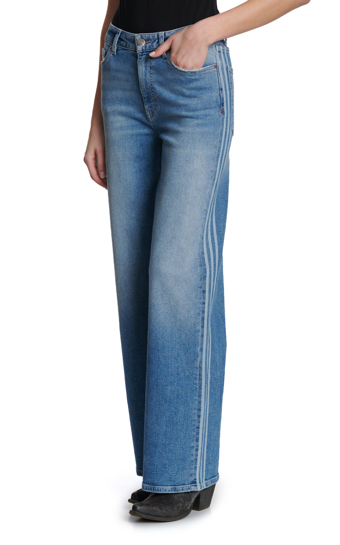 Warp + Weft Women's Light Wash Wide Leg Side Stripe Jeans - Image 1
