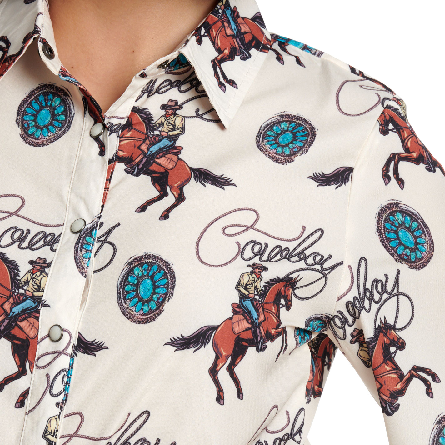 Fashion Express Women's Tan Cowboy & Concho Print Button Up Top - Image 1