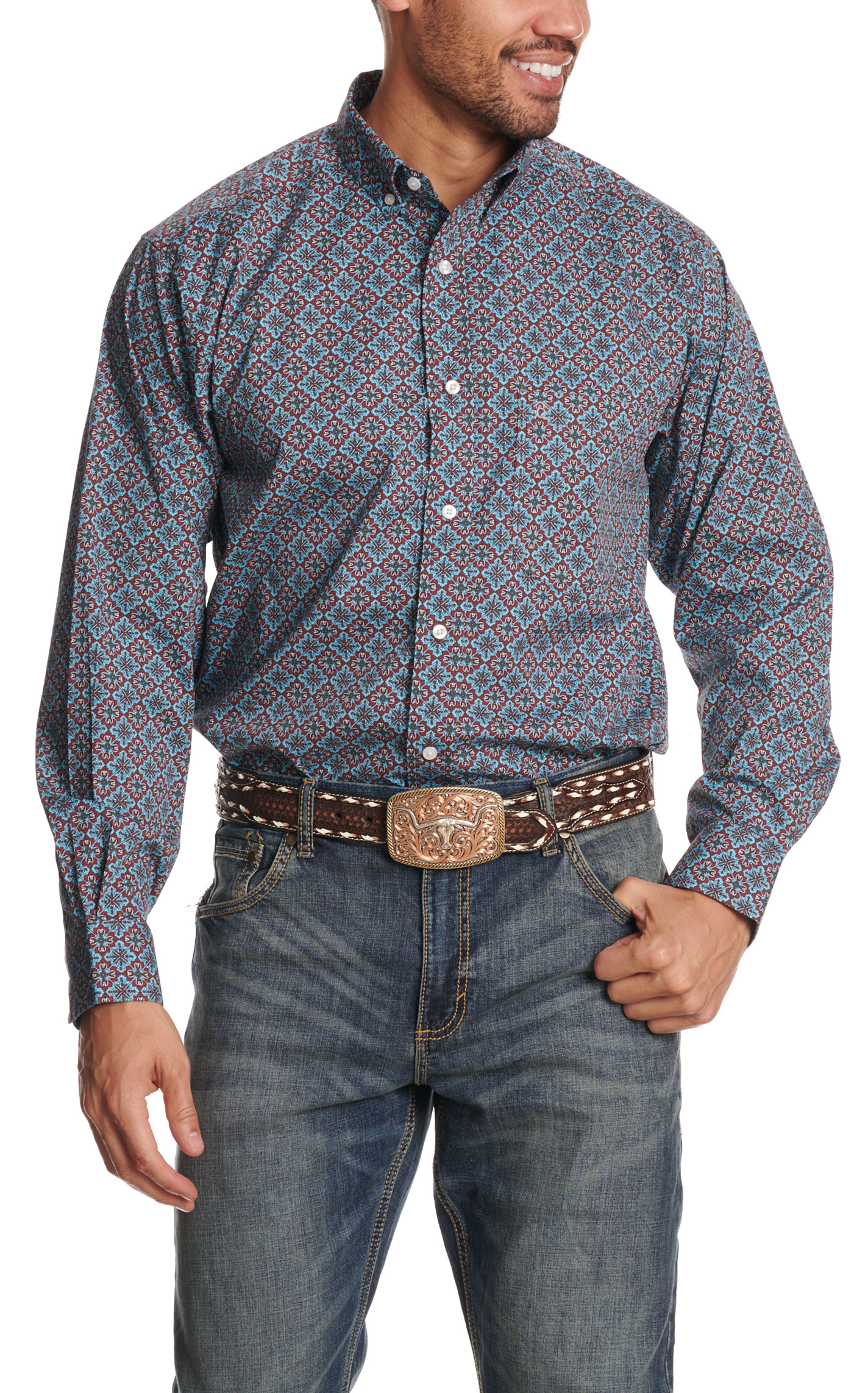 Rafter C Men's Burgundy & Blue Wallpaper Print Long Sleeve Western Shirt - Image 1