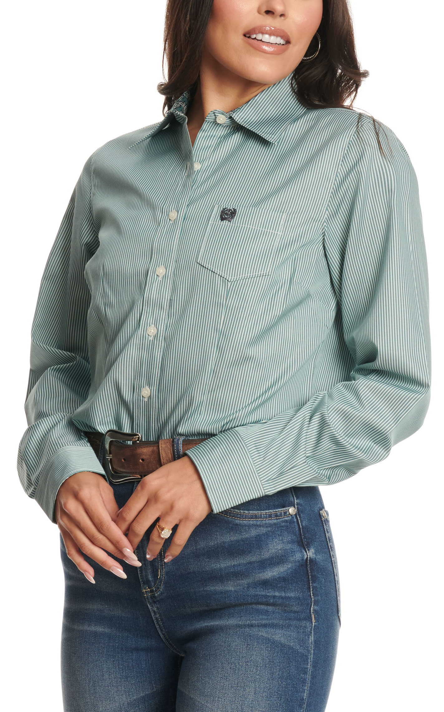 Cinch Women's Teal & White Stripe Print Western Shirt - Image 1
