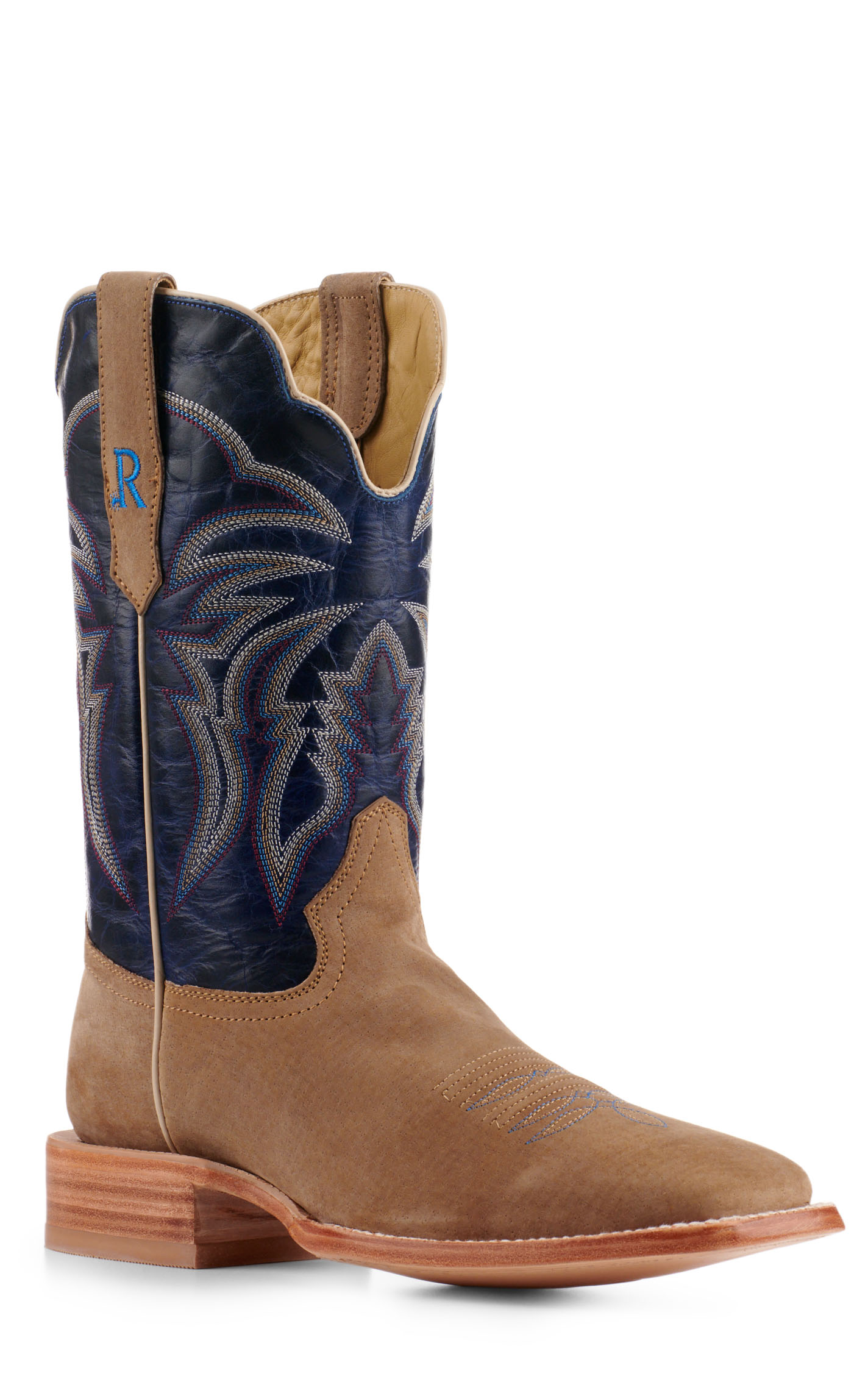 R. Watson Men's Cafe Brown Boar Hide and Azule Blue Wide Square Toe Cowboy Boots - Image 1